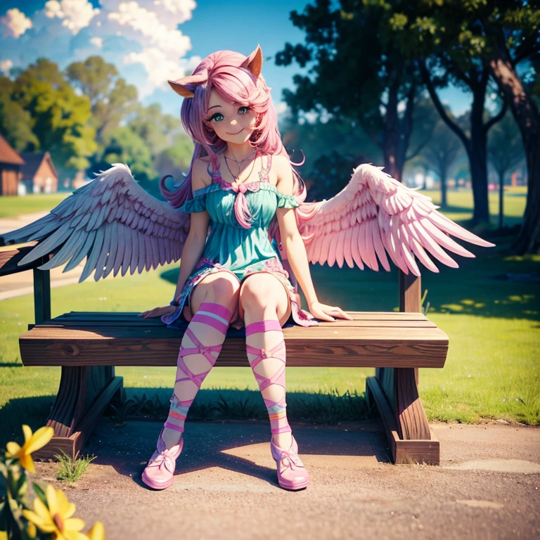 fluttershy, my little pony, human body, 2 hands, 2 legs, female, long fur, pink hair, pink tail, colorful socks, spread wings, fluffy feathers, smiling, tying a bow on her shoe sitting on the bench, sunny day, clouds, hyper-detail, 3d illustration, high contrast, masterpiece, hyper-realism, best quality, fantasy art, magnificent, celestial, epic, majestic, magical, nsfw
