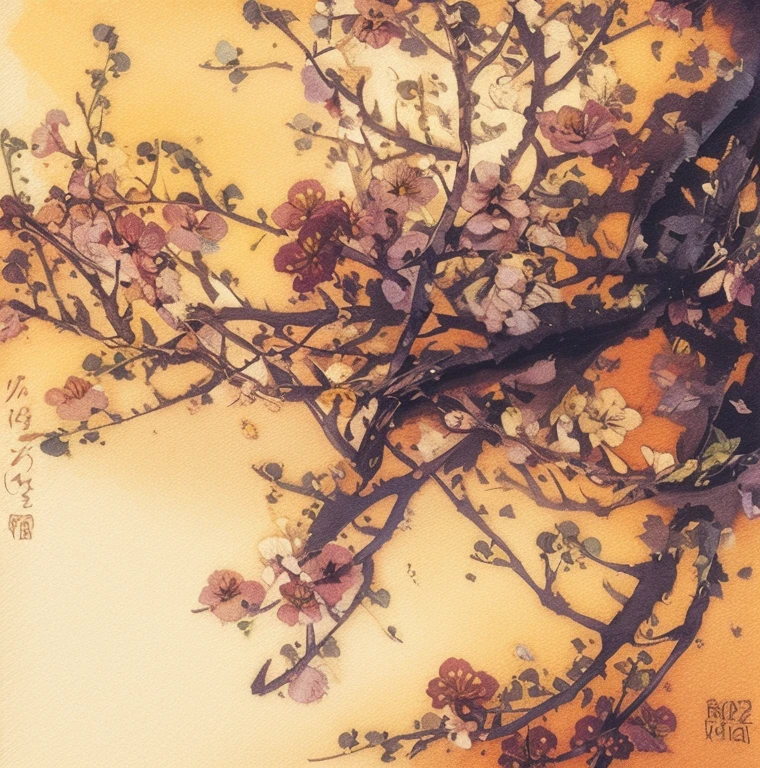 snowfield，Plum tree，photorealestic，Photo texture，Close-up，An antique woman，Coiled hair，sideface，45 degrees looking up at plum blossoms，Bamboo Jane in hand