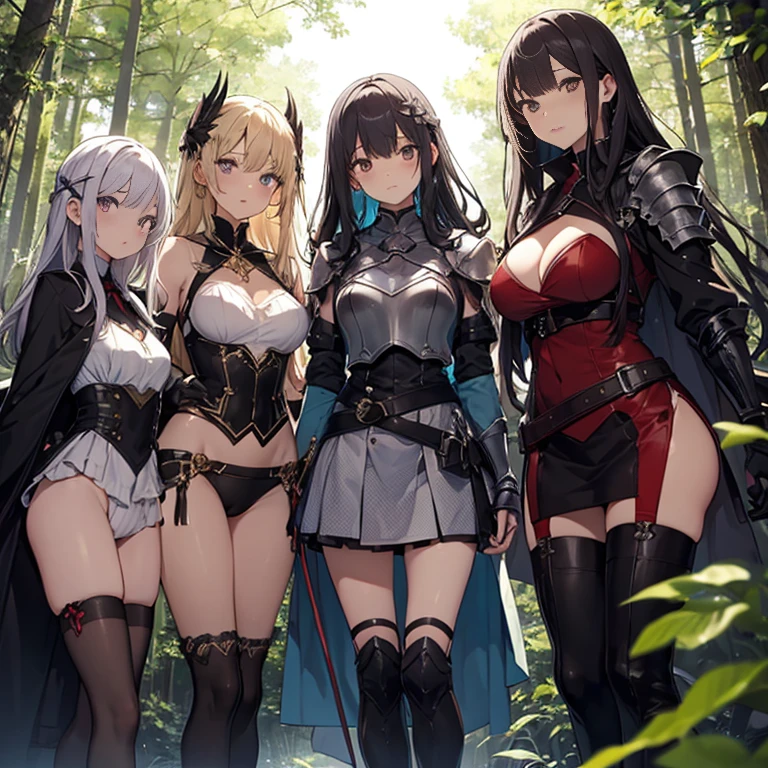A group of  female knight, (in forest), various hair styles, harem, wearing armored clothes, metal armor, night, details face, , short skirt, seducing, sword, armpits, sleeveless 