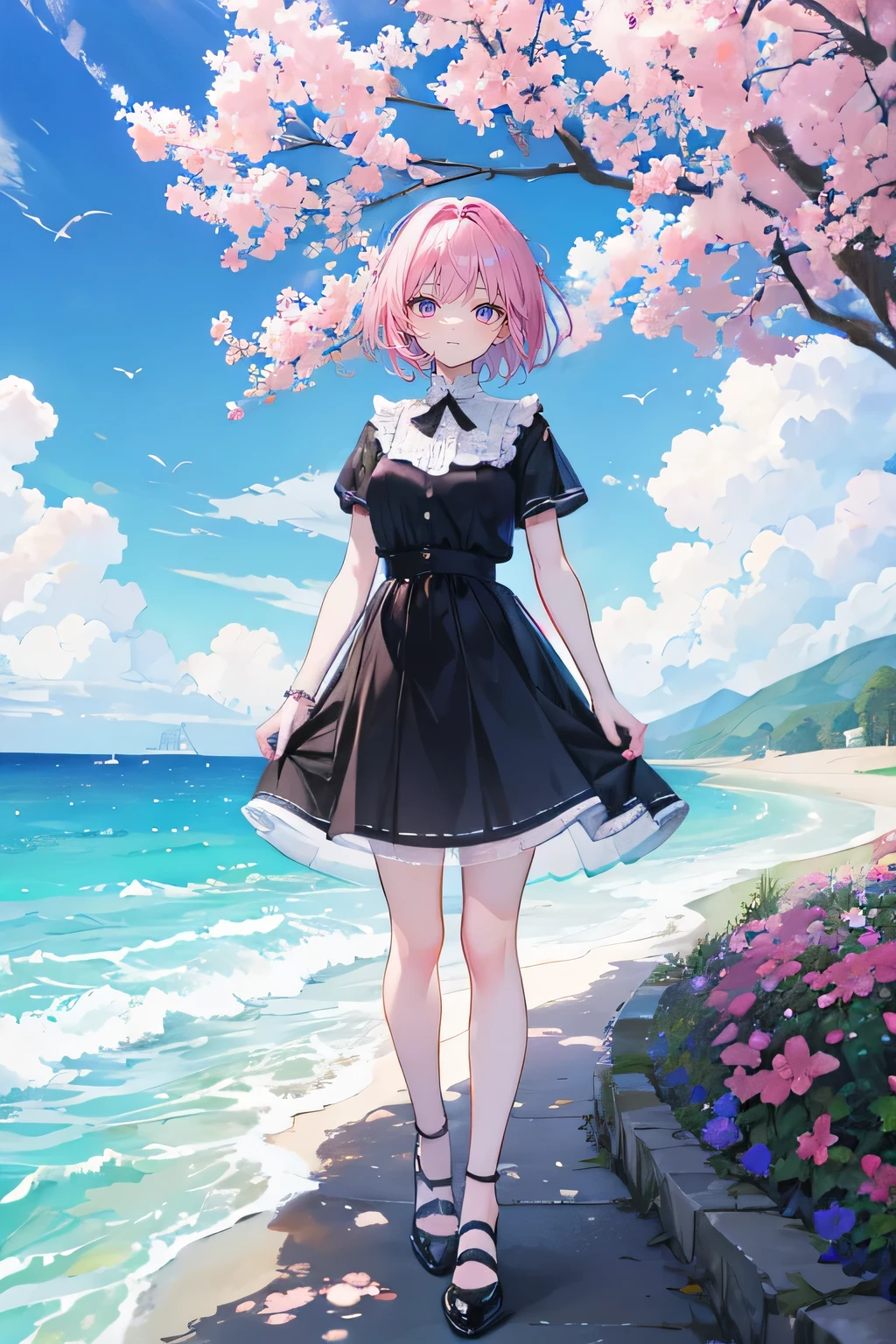 pink hair，purple eyes，short hair，sister head，Two black hairpins，girl，gorgeous skirt，black leather shoes，full-body shot，whole body，stand on the ground，seaside，many flowers，Background blue sky and white clouds，Happy and happy expression