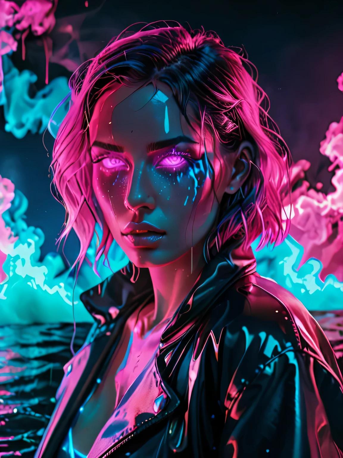 glowneon, glowing black jacket on dark figure, emitting liquid light vibrant blue and pink, glowing eyes, cinematic film still, neon vaporwave background, water everywhere, smoke behind her,