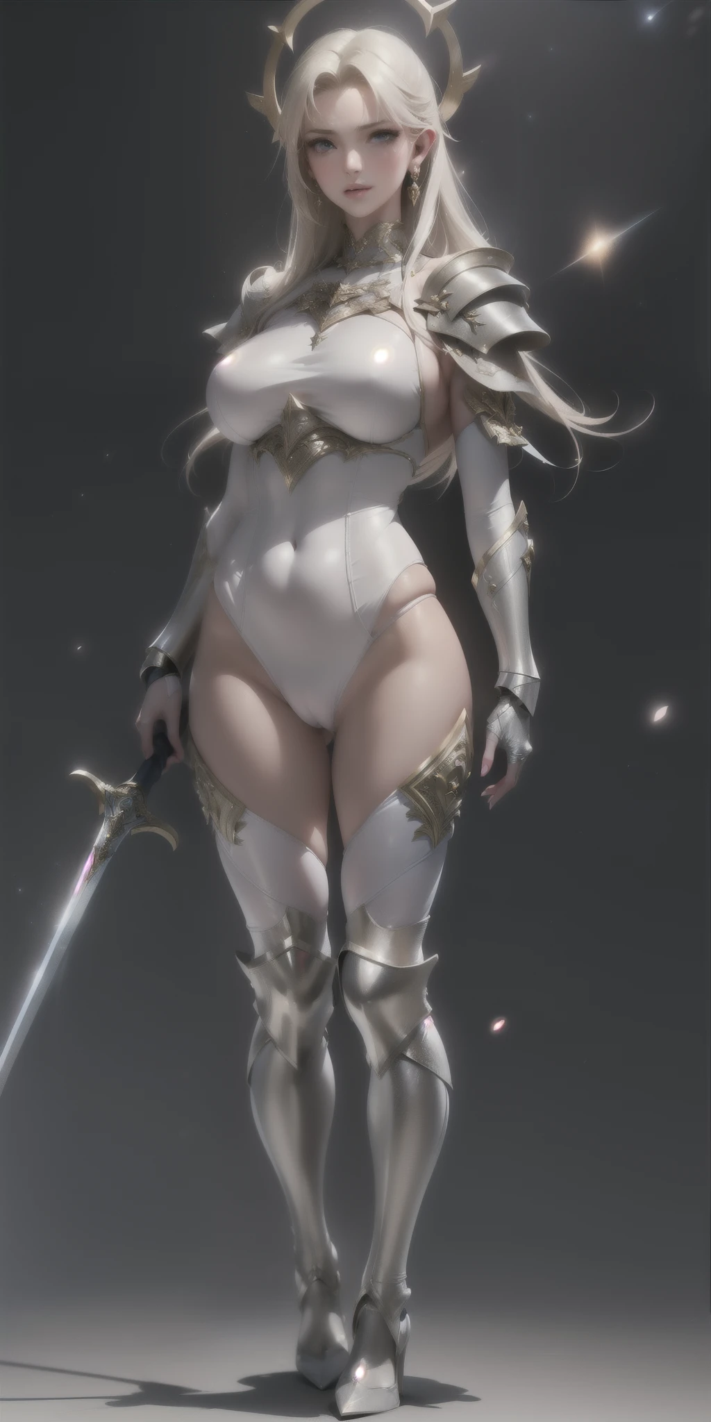 imagem arafed de uma mulher com uma espada e armadura, Claymore, fundo do anime Claymore, of a beautiful cavaleira, she is holding a sword, girl of the zodiac knights, garota de armadura, elfo princesa cavaleiro, alluring elfo princesa cavaleiro, beautiful cavaleira, cavaleira, uma guerreira loira sexy, portrait girl of the zodiac knights, ([cabelos longos]:1.8), (corpo todo:1.8), (standing full body image:1.8), (Parte superior do corpo para cima:0.3), (hiper-realista:1.4), (realista:1.3), (pele com textura real da melhor qualidade), (O Anjo Guerreiro Celestial do Senhor: 1.6), Close Friends, (They are embraced:1.2),(Detailed iridescent bodysuit with beautiful fractal or marble design:1.5), (Lindo e delicado rubi, topaz, joias de esmeraldas e safiras:1.6), (pernas abertas:1.4), (Vagina aberta:1.4), (Sorriso obsceno:1.2), (atrevido:1.2), (Imoral:1.2), (small breasts with beautiful raised pink areolas:1.5), (camel toe), (Expression of ecstasy:1.2), (Fundo de natureza incrivelmente bonito:1.6), (18 anos de idade:1.5), (Sexy e glamoroso:1.5),  (corpo todo), (erotic pose:1.5), (Sobrancelhas espessas:1.2), (grandes olhos roxos:1.2), (olhos ultra detalhados:1.4), (high resolution eyes:1.1), (textura de pele ultra detalhada:1.4), (Belo corpo tonificado:1.1), arco de cabelo, (Moist skin:1.1), (rosto sensual:1.5), ([cabelos longos]:1.8), (standing full body image:1.8), ([cabelos longos]:1.8), (corpo todo:1.8), (Melhor qualidade, 4K, 8k, A high resolution, obra de arte:1.2), ((mudar)), ((18 anos)),((Best quality)), ((masterpiece)), (detailed:1.4), 3D,Cavaleiro Prateado,),(closed mouth), extremely huge breasts, gigantic breast, beautiful detailed eyes, ((full body)),standing , sexy, cute,(8k, best quality, masterpiece:1.2), (realistic, photo-realistic:1.37),chrome armor,chrome mini shirt,Beautiful woman in insanely intricate Silver Knight Outfit