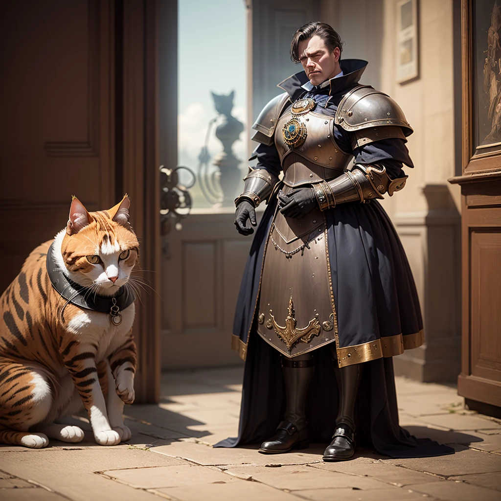 in victorian England, a steam punk Knight themed after a calico cat, kneels in respect