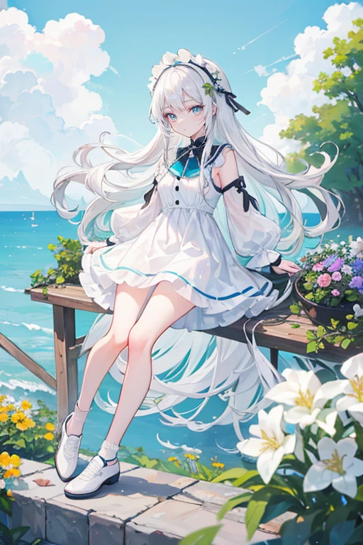 white hair,long hair,Bangs,Bangs整齐,Green headband,gray eyes,girl,cute,gorgeous dress,white socks,black leather shoes,full-body shot,whole body,Seaside Garden,many flowers,Background blue sky and white clouds