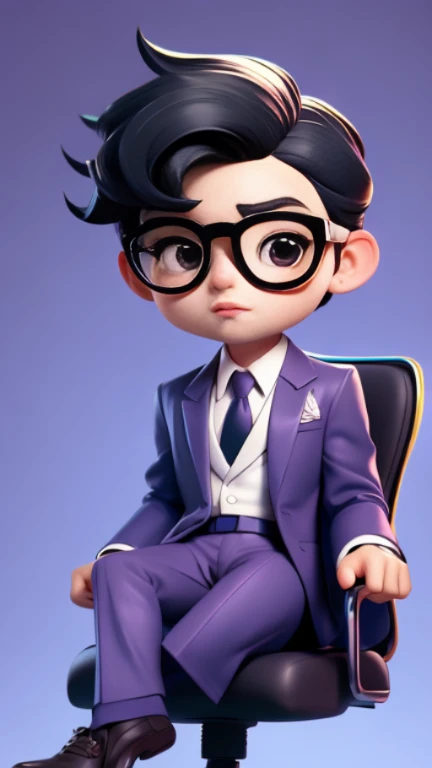 masterpiece, A cute boy sitting on the boss chair, Glasses, purple suit, black hair, chibi style, Perfect 3D animation , Perfect lips and simple