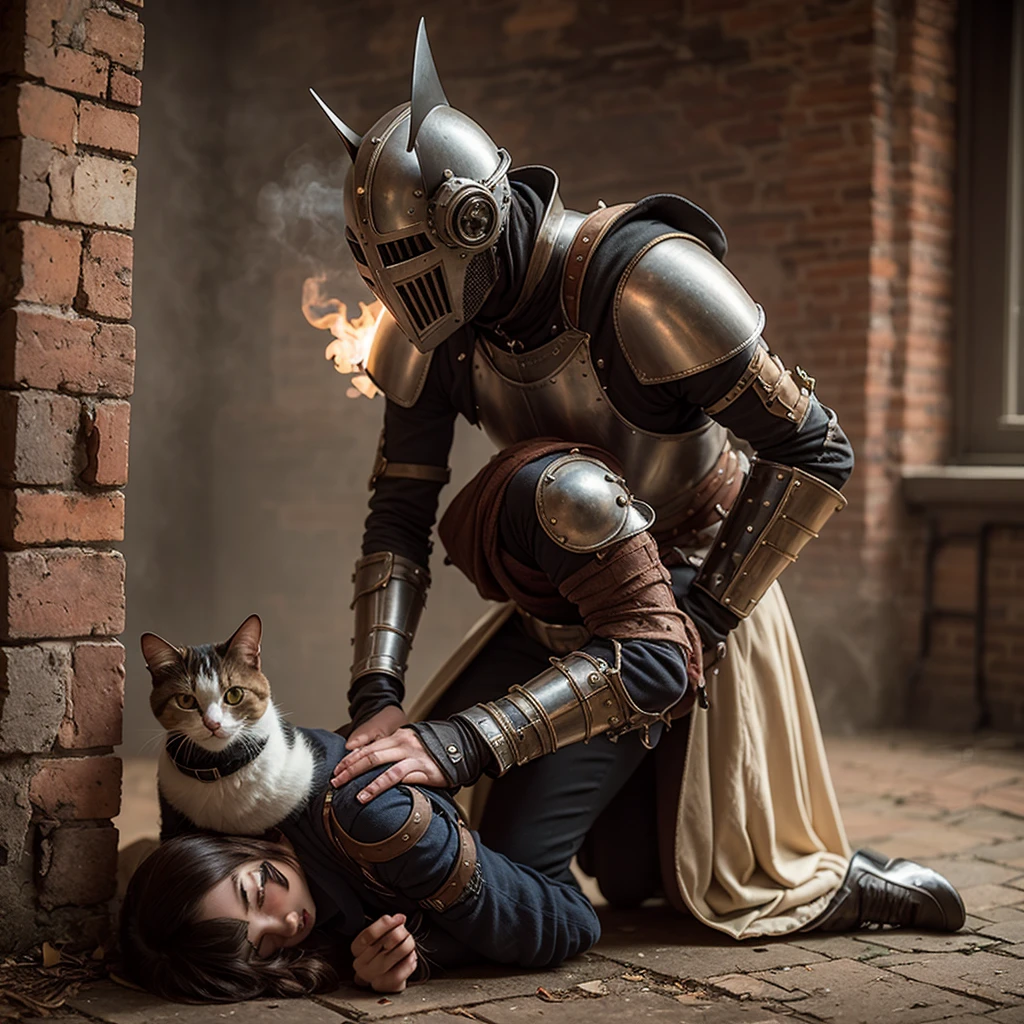 in victorian England, a steam punk Knight themed after a calico cat, kneels in respect