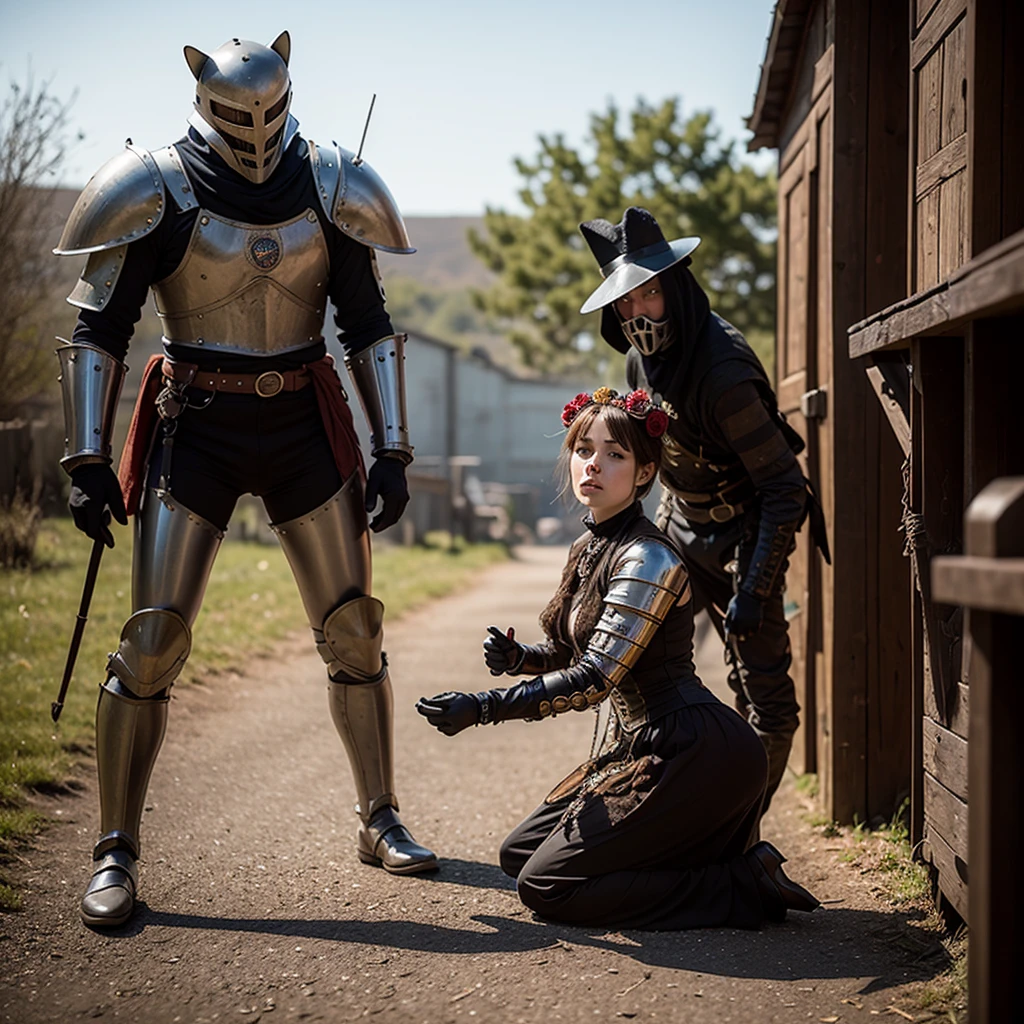 in victorian England, a steam punk Knight themed after a calico cat, kneels in respect