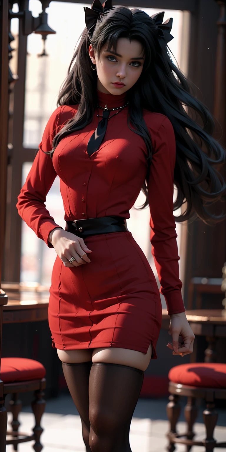 fate stay series tohsaka rin and sakuya rindou yuri (wearing business outfit, formal jacket, blue neck tie, tie,white shirt, skirt, heels, high waist, skirt big perfect round breasts,hourglass body, thin waist,btpt-fc,Photo realistic, hyperrealistic:1, beautiful, masterpiece, best quality, extremely detailed face, perfect lighting,detailed eye makeup, detail face, nice detailed eyes,nice hands, perfect hands realistic pupils,realistic iris:1)
