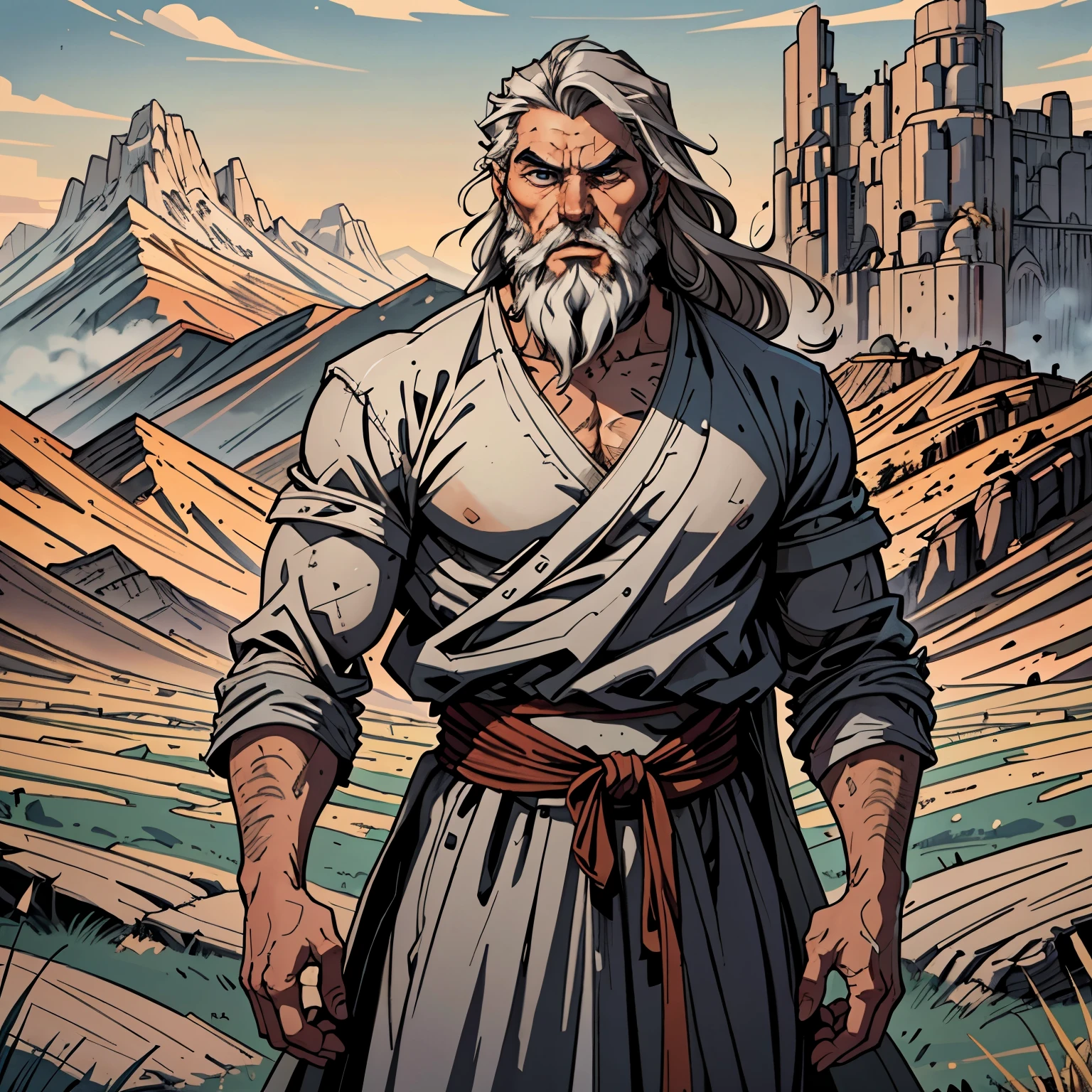 best quality image, a man, biblical prophet, of medium height, thin, long gray hair, with a thick beard, penetrating gaze, serious expression, with nothing in his hands, biblical style clothes, standing, in the middle of a field, with mountains around, biblical style