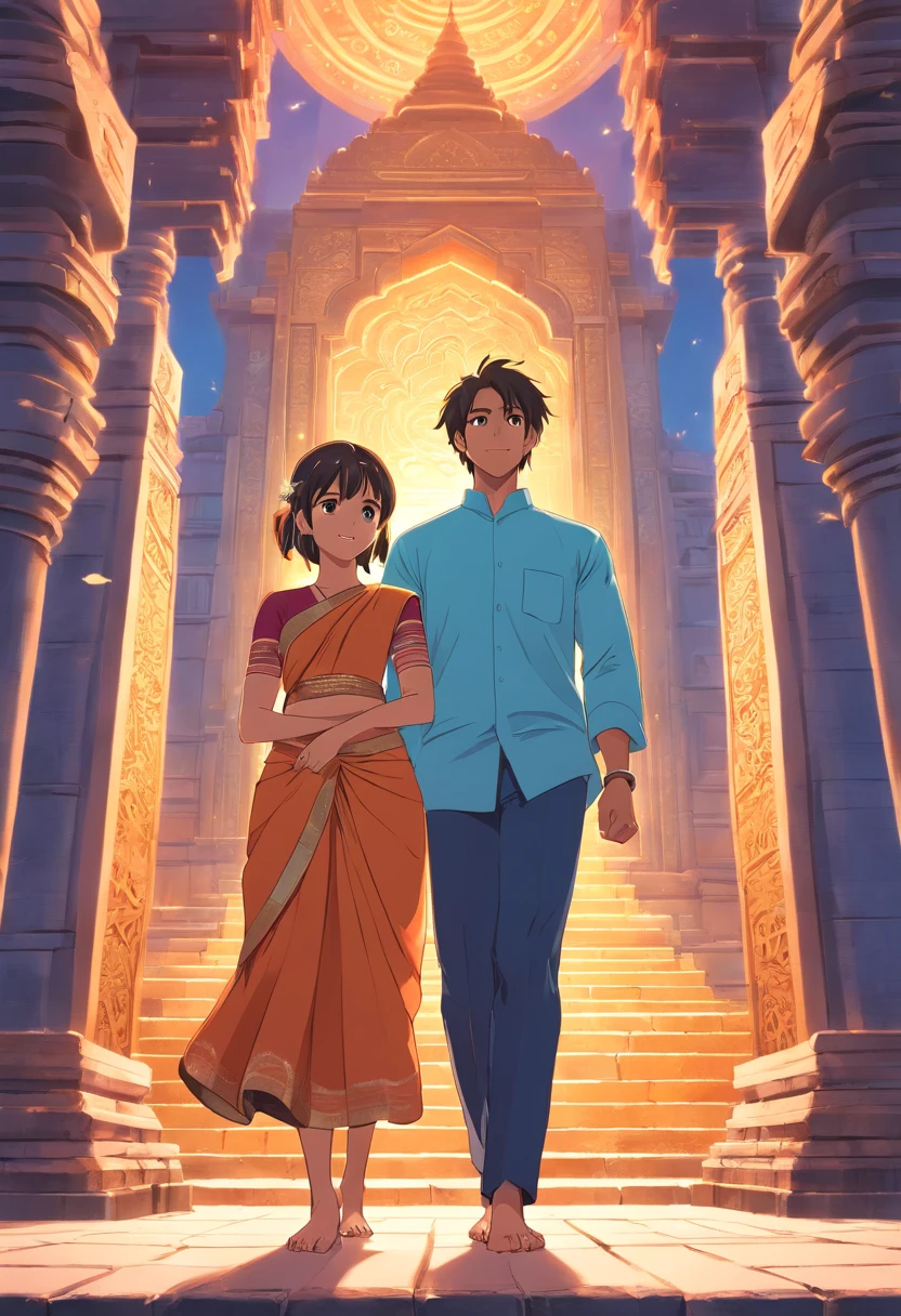 Traditional South Indian married couple in front of a magnificent Hindu temple.