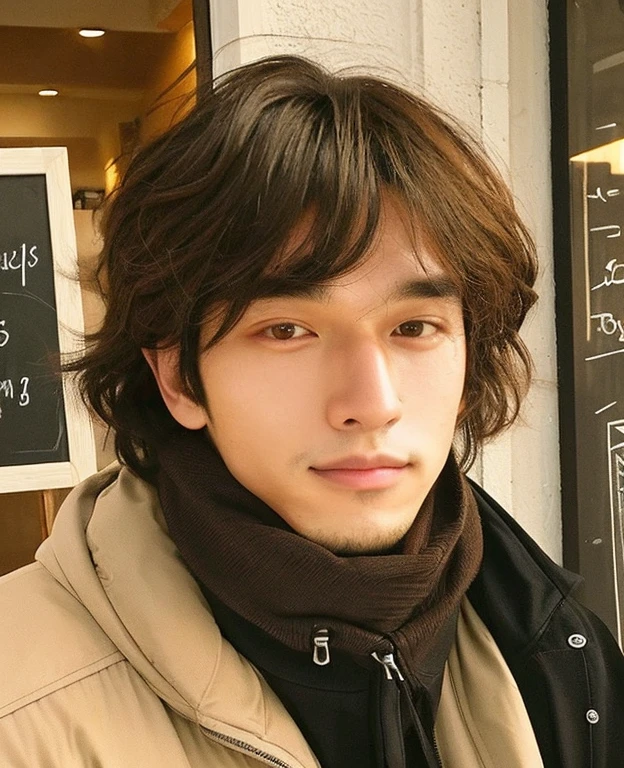 A face like Ryo Yoshizawa、Johnny's、brown eyes、Soft hair quality、beautiful skin、cute face、Coffee shop clerk、male 、25 years old、Raw photo、Handsome、young face、stylish、High level image quality、Ovoid contours、face seen from the front、soft cheeks、Puppy-like face、Asian、neutral、Gentle impression、With a round face