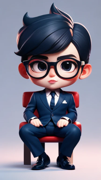 masterpiece, A cute boy sitting on the boss chair, Glasses, dark blue suit, black hair, chibi style, Perfect 3D animation , Perfect lips and simple 