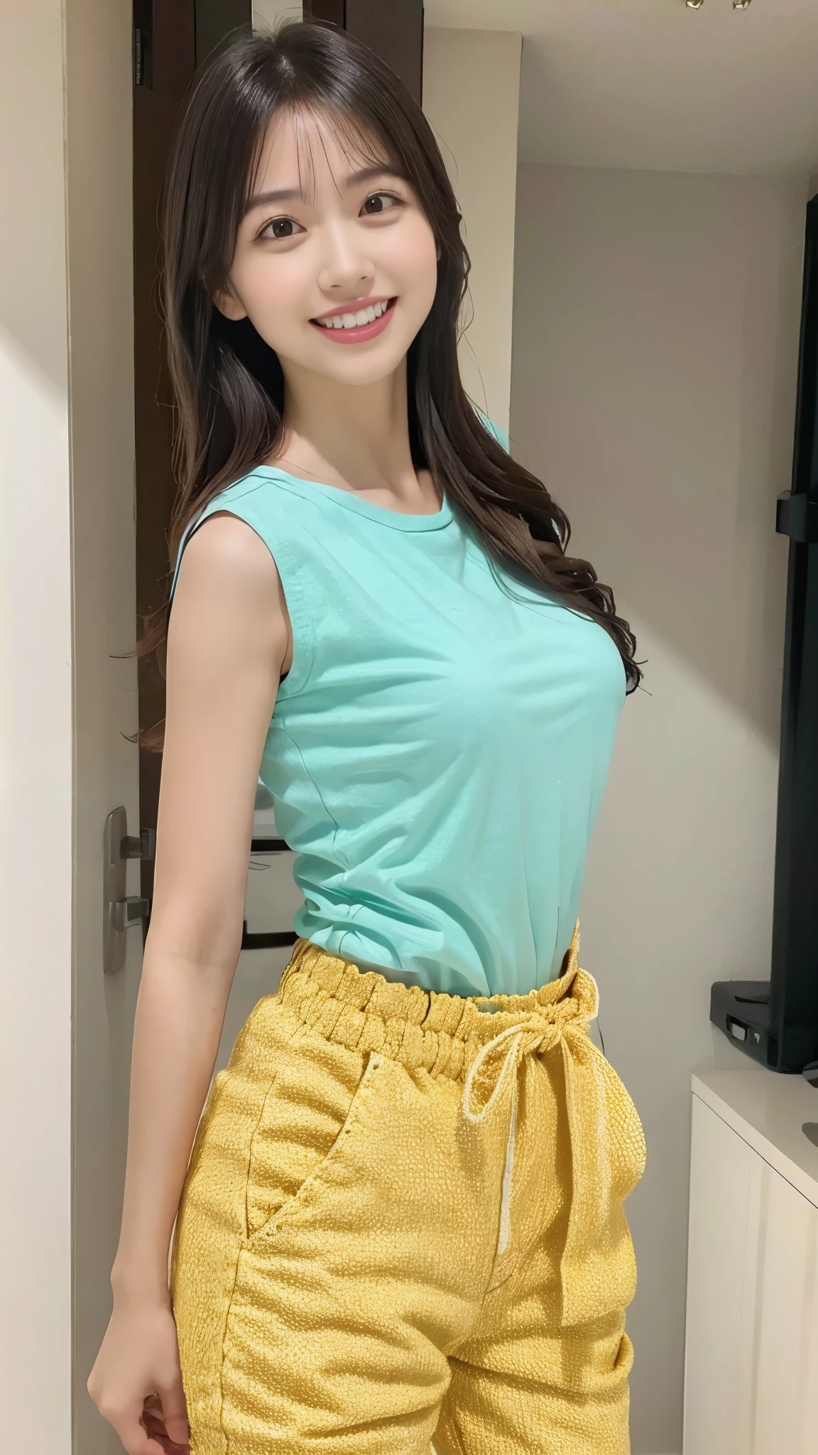 yellow character sleeveless t-shirt, Dolphin Pants, light brown hair, clenched teeth, cinematic lighting, letterboxed, pov, first-person view, cowboy shot, wide shot, UHD, ccurate, anatomically correct, super detail, high details, high quality, best quality, highres, 8k, HD, sagging breasts, small face, very big breasts,