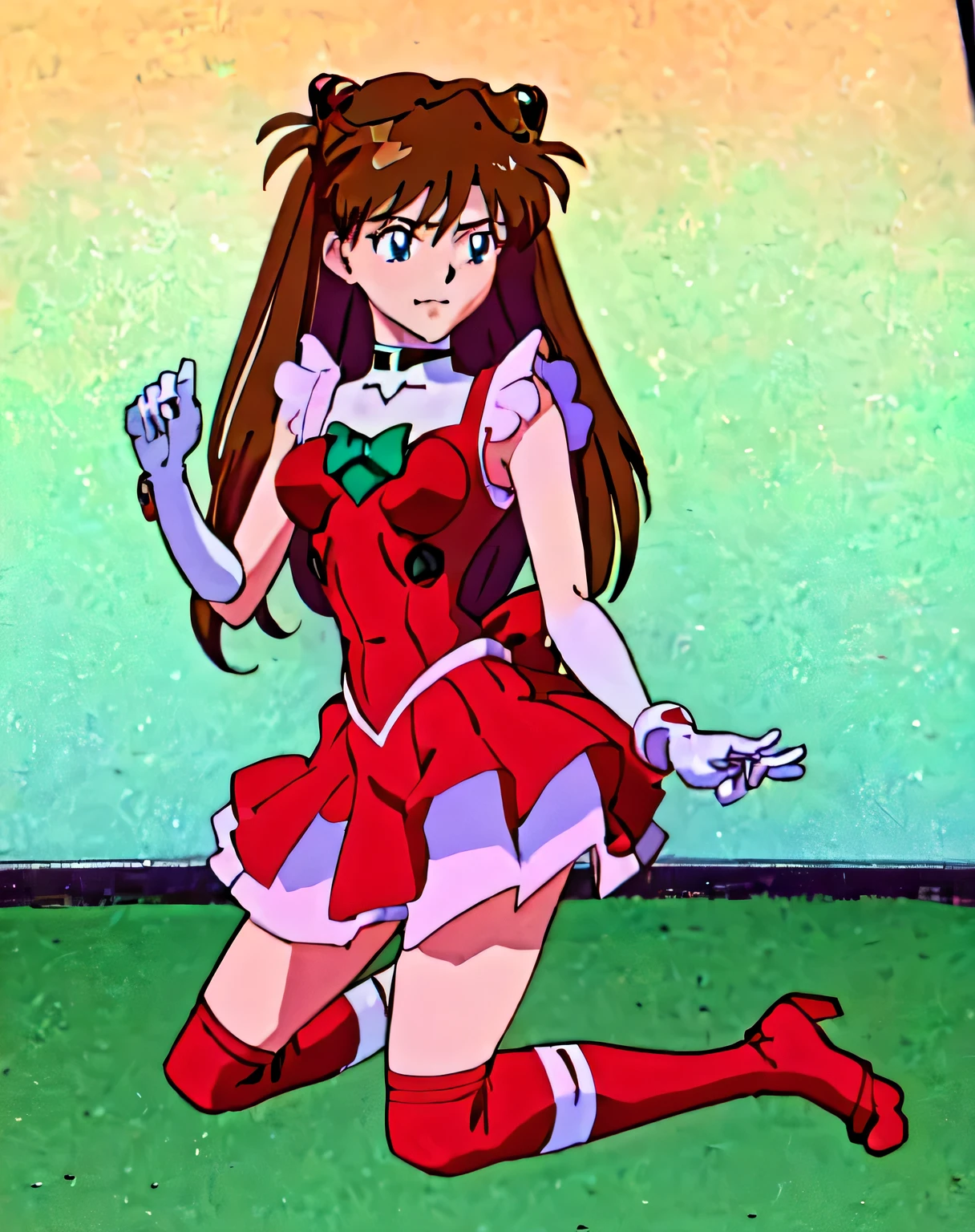 masterpiece, best quality, souryuu asuka langley, girl, medium breasts, magical girl outfit, cute pose, red high socks, full body view