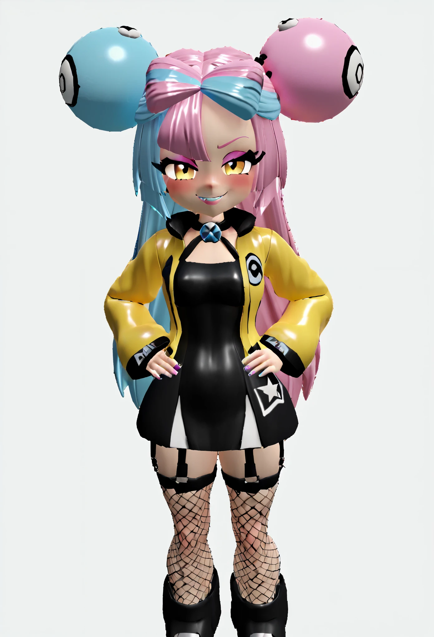 (8k, RAW photos, top quality, masterpiece: 1.2), (High Quality), ray tracing, HDR, (High Details), (Face detail), (Shadow Detail), 1girl, solo, Roblox Chibi, 3d, 3d render, Iono /(pokemon)/, multicolored hair, pink hair, blue hair, yellow jacket, open jacket, black dress, garter straps, smug, white background