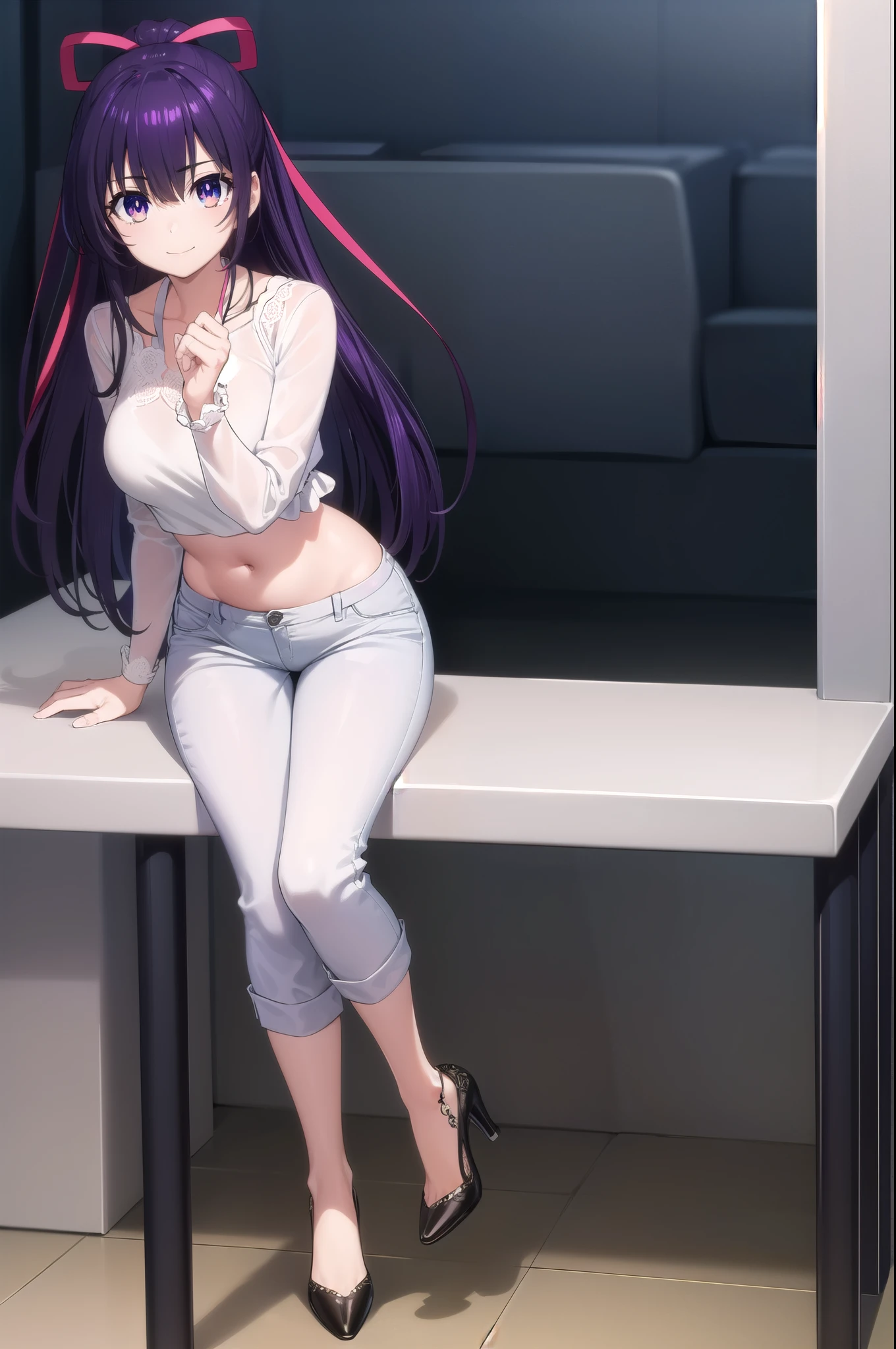 tohkayatogami, tohka yatogami casual, long hair, purple hair, alluringly smile( chic puff long sleeve bandage blouse), midriff, ribbon , denim trousers, purse (purple eyes:1.1), hair ribbon, ponytail, purple hair, white ribbon, g cup breasts, bewitched thighs, slender waist, plump butt , high heels 
BREAK ,
BREAK indoors, office, alone, 
BREAK looking at viewer, elegant poses, sitting on desk, full body view, head to toe view, white high heel
BREAK (masterpiece:1.2), best quality, high resolution, unity 8k wallpaper, (illustration:0.8), (beautiful detailed eyes:1.6), extremely detailed face, perfect lighting, extremely detailed CG, (perfect hands, perfect anatomy),