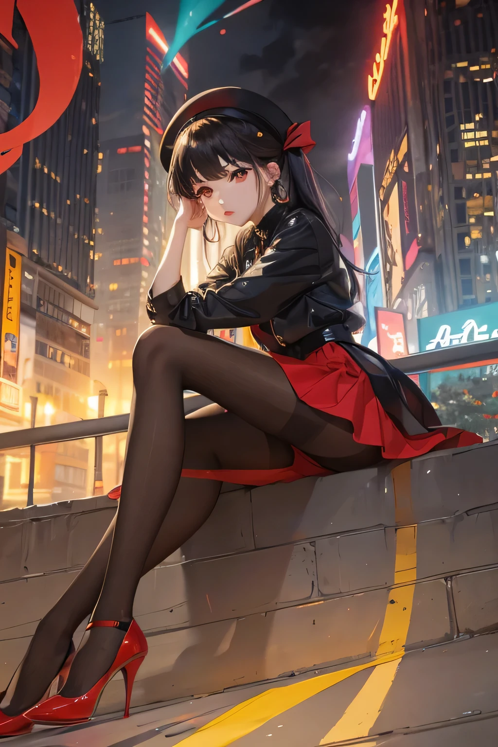 1woman wearing trendy clothes, in an abstract oil painting style, fashion show, The painting is ultra-high detailed and has a resolution of 8k, showcasing the best quality and craftsmanship. The background is colorful, with a touch of fog and smoky, creating a mysterious atmosphere.the city that never sleeps、oilcolor Touch,(a woman:1.2), , luminous design, vivit colours,spring lights,Artistic,azure, red (black pantyhose:1.1), black high heels, black short skirt