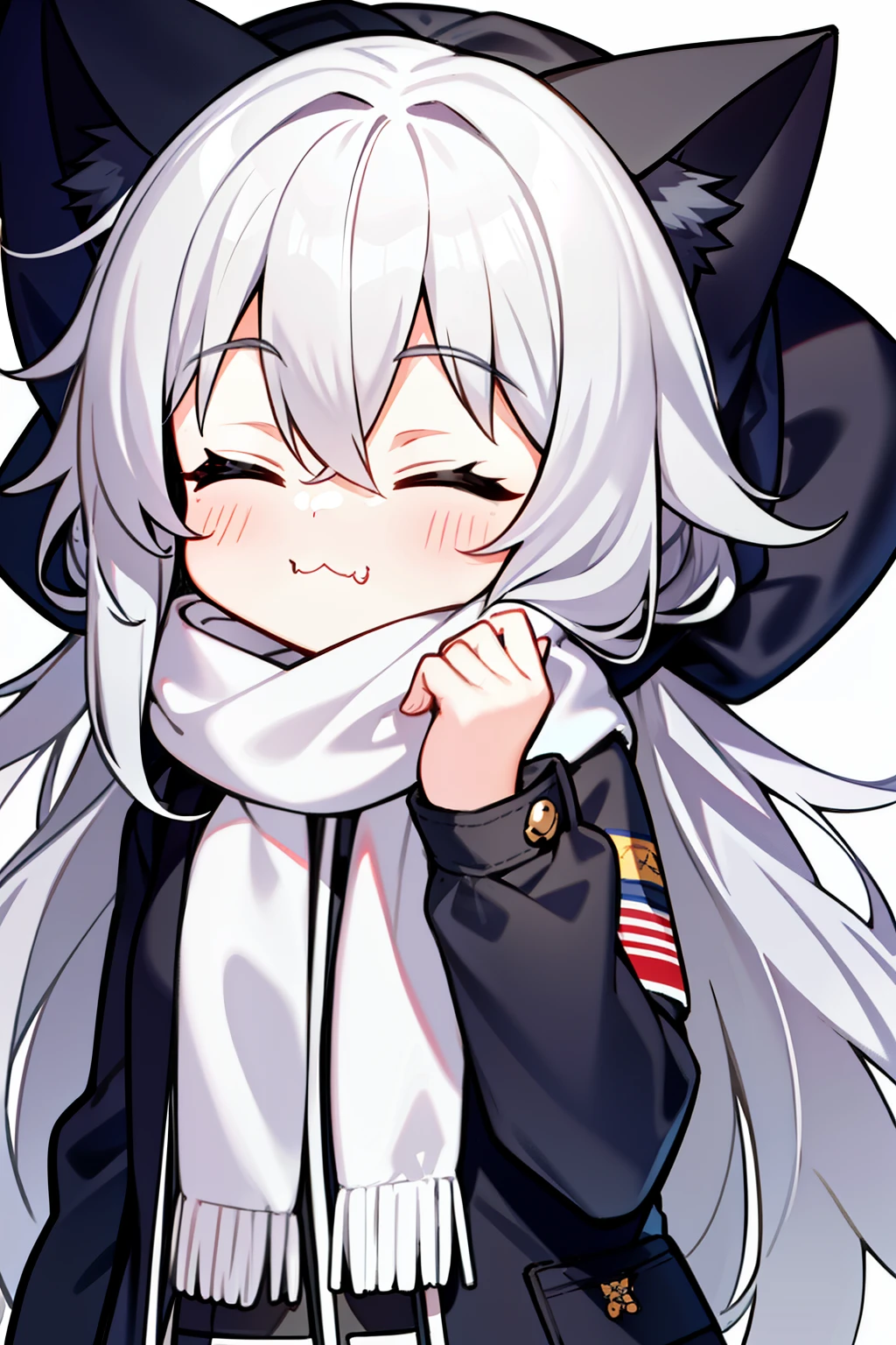 Masterpiece, Excellent, 1girl, gray hair, medium long hair, cat ears, closed eyes, looking at the audience, :3, cute, scarf, jacket, white background, fang, high quality, UHD