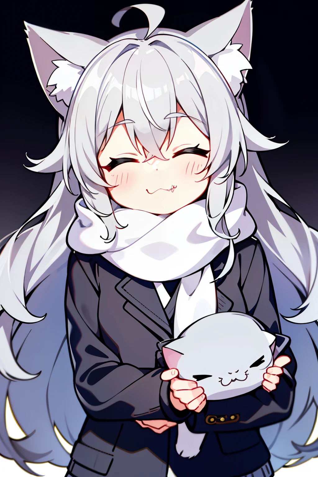 Masterpiece, Excellent, 1girl, gray hair, medium long hair, cat ears, closed eyes, looking at the audience, :3, cute, scarf, jacket, white background, fang, high quality, UHD