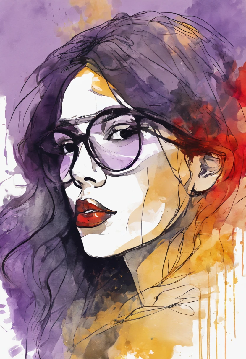 Partial front view of the scene; details in 8k; precision in details; Pablo Picasso style drawing. Wood splash; high color contrast; Abstract artistic drawing textured background of a brunette woman with long, wavy hair wearing square glasses, woman smiling with red lipstick, face more toned and rounded and with slight dimples near the mouth, wearing a black coat with a yellow t-shirt underneath looking at the right, lilac white colors in the environment, illustration, watercolor illustration, professional illustrator, best watercolor, ink and watercolor paintings, alcohol ink, vibrant colors, perspective view, centered, perspective lines,