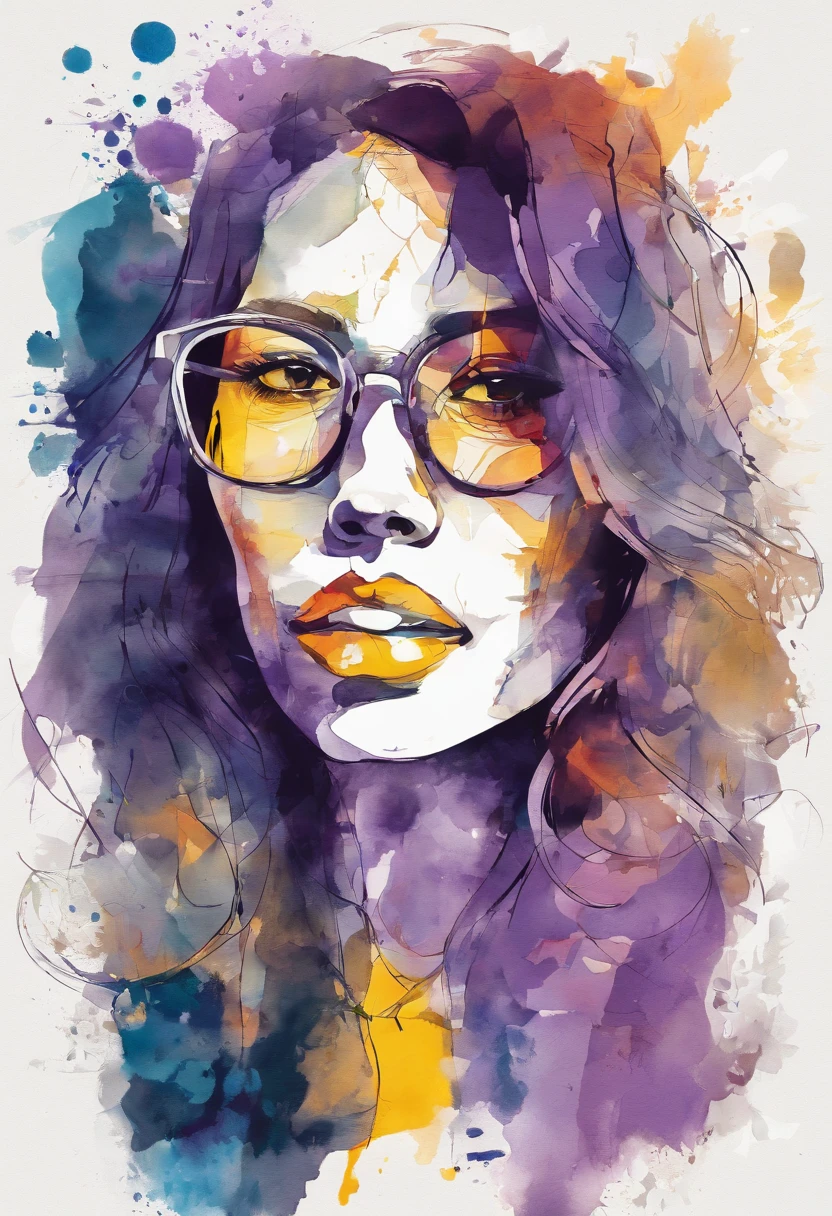 Partial front view of the scene; details in 8k; precision in details; Pablo Picasso style drawing. Wood splash; high color contrast; Abstract artistic drawing textured background of a brunette woman with long, wavy hair wearing square glasses, woman smiling with red lipstick, face more toned and rounded and with slight dimples near the mouth, wearing a black coat with a yellow t-shirt underneath looking at the right, lilac white colors in the environment, illustration, watercolor illustration, professional illustrator, best watercolor, ink and watercolor paintings, alcohol ink, vibrant colors, perspective view, centered, perspective lines,