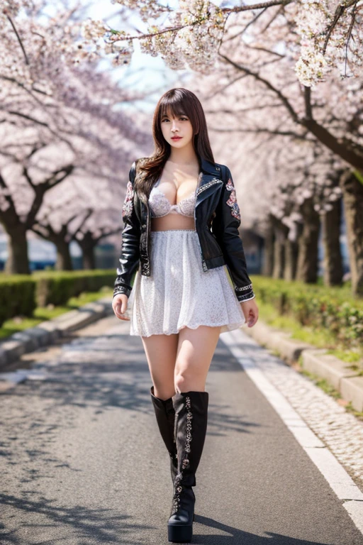1 beautiful girl, Are standing, wearing clothes,I&#39;m wearing a jacket that fits my body., beautiful face, very detailed skin, very detailed, surreal, A large capacity bike, very detailed motorcycle, looking at the viewer, on the road, full body shot，Cherry blossom trees，big breasts，cleavage