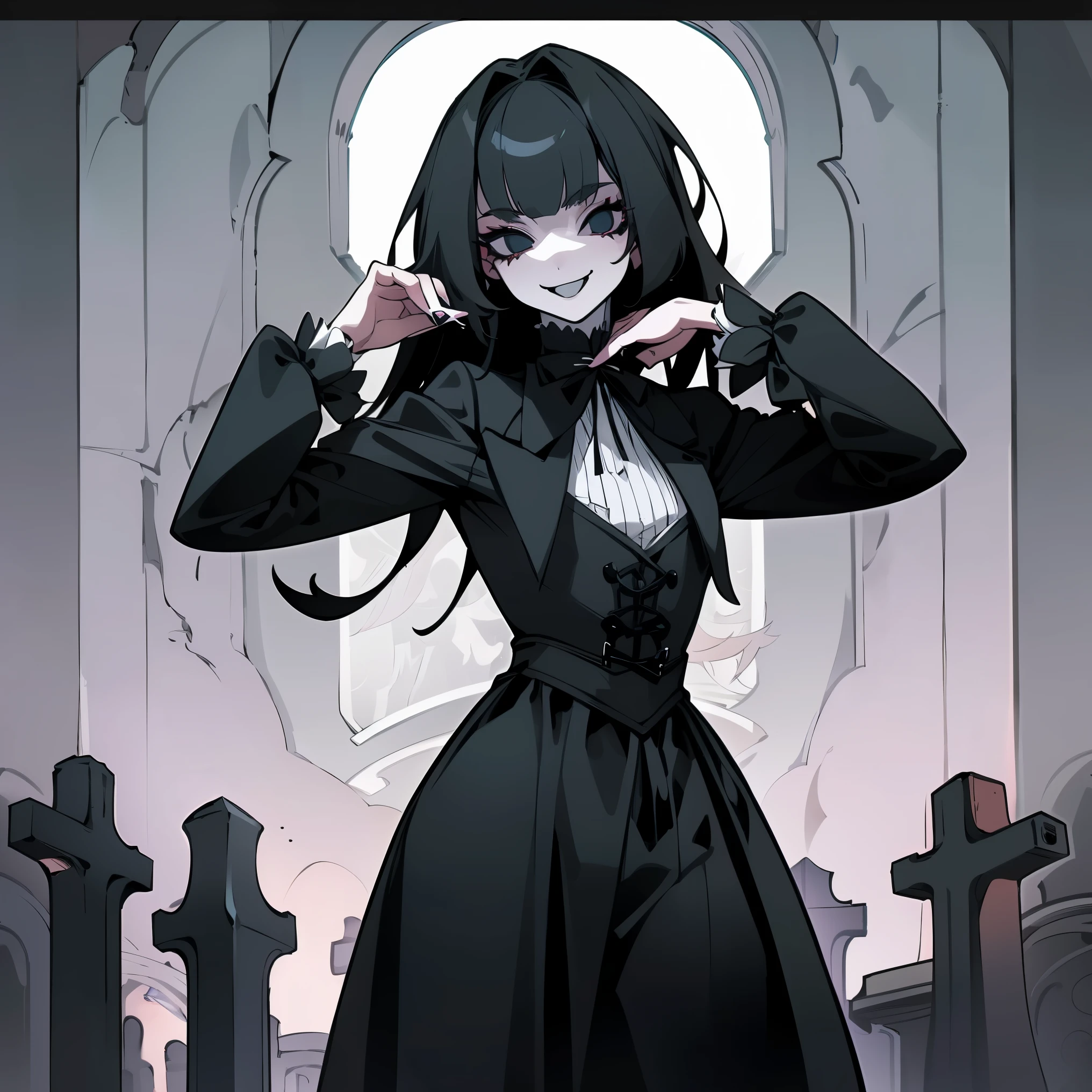 A long haired female, goth clothes, black makeup, pale white skin, smile on her face, Victorian black dress, mysterious female, slim and graceful pose, on a cemetery, completely black clothes, goth inspired, kind looking, trad goth, 90's goth, western goth, woman on her mid twenties