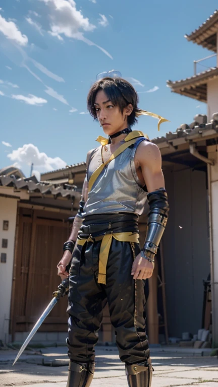 a robot ninja, wearing a long yellow ribbon around his neck that flows in the direction of the wind carrying a high-tech samurai sword, is posing in a spinning sword swing, all body made of metal and brass, background view of a destroyed city. sharp high focus, super clear image quality, bright afternoon sunlight with blue sky and white clouds.