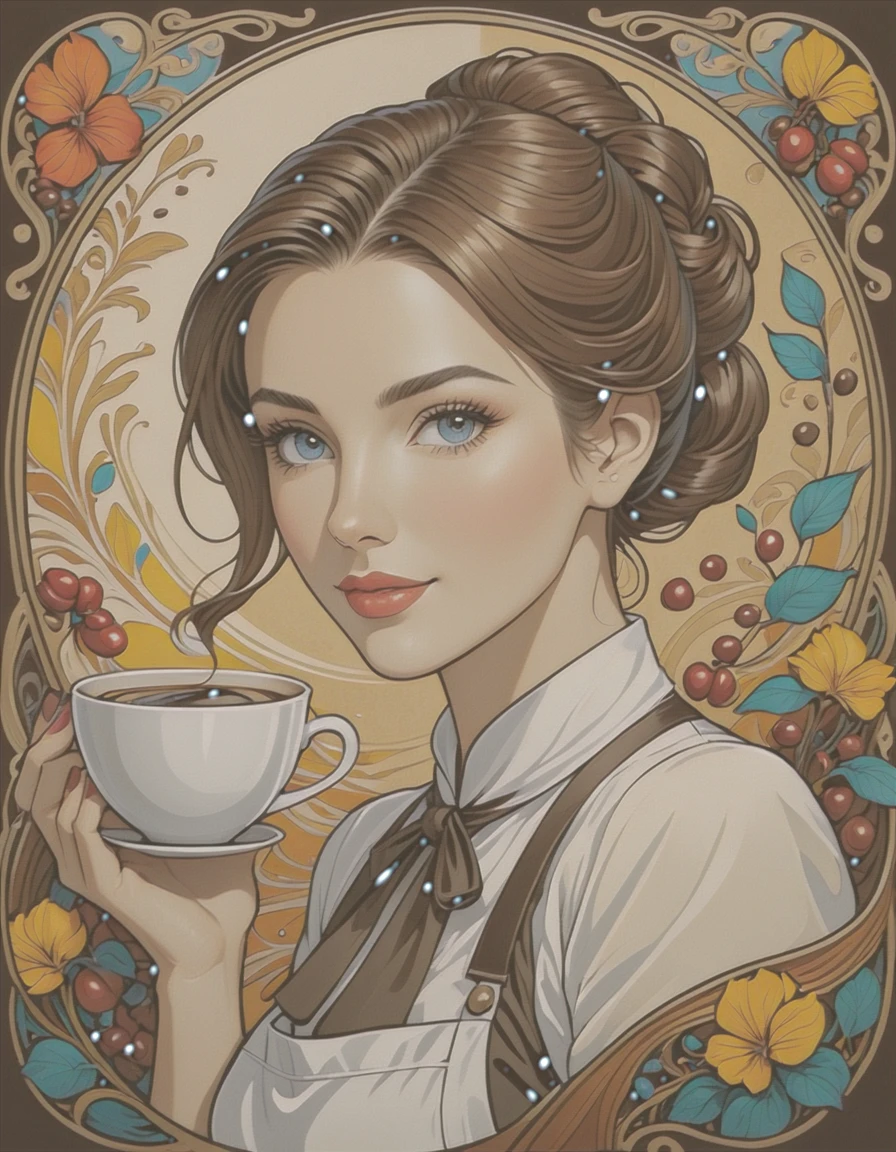 Art Nouveau portrait of an elegant beautiful female Barista with coffee beans, more colorful
