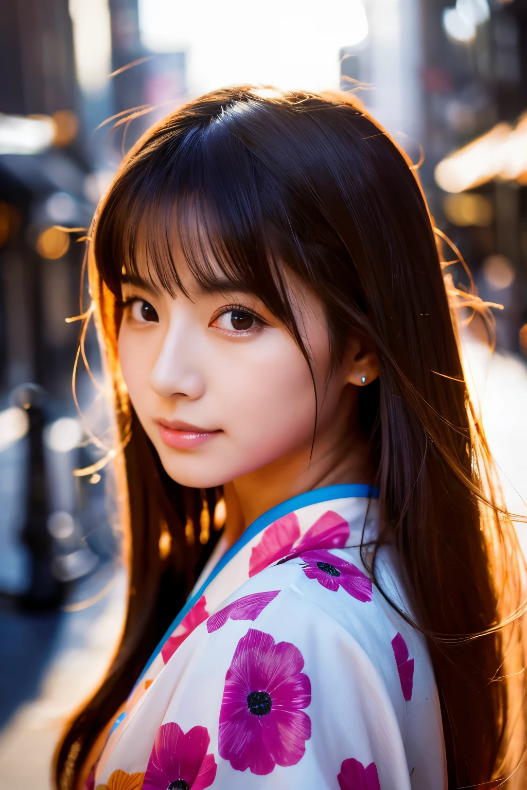 Beautiful Japanese supermodel woman, A lock of hair with slight highlights, black eyes, Sexy，street background，Gorgeous kimono , Liquid color flows across her face, Shooting against the light，Perfect facial lighting，mixed media