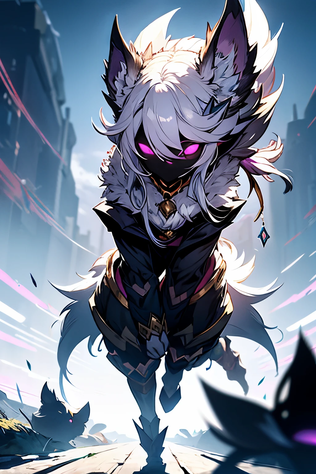 White hair, ethereal aura, serenity, wielded bow, light garments, spectral wolf, fierce nature, visual duality, soul hunters, smooth transition, agile posture, intense expression, light tones, dark tones, black facial mask.