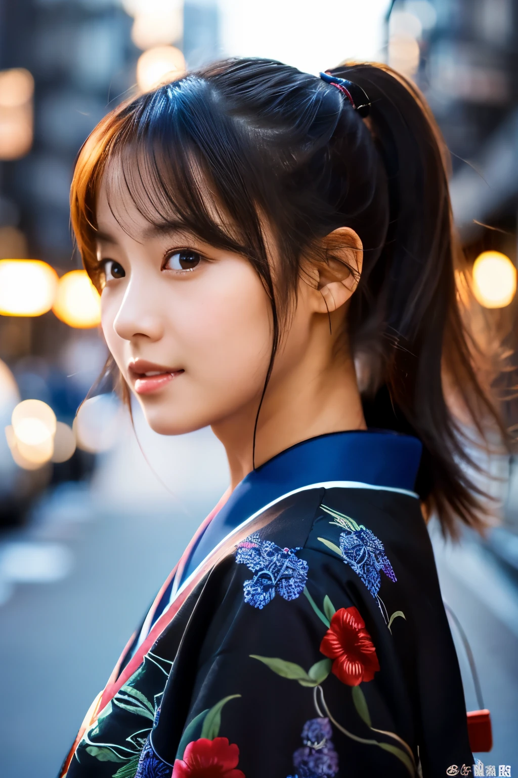 Beautiful Japanese supermodel woman, A lock of hair with slight highlights, black eyes, Sexy,street background,Gorgeous kimono , Liquid color flows across her face, Shooting against the light,Perfect facial lighting,mixed media