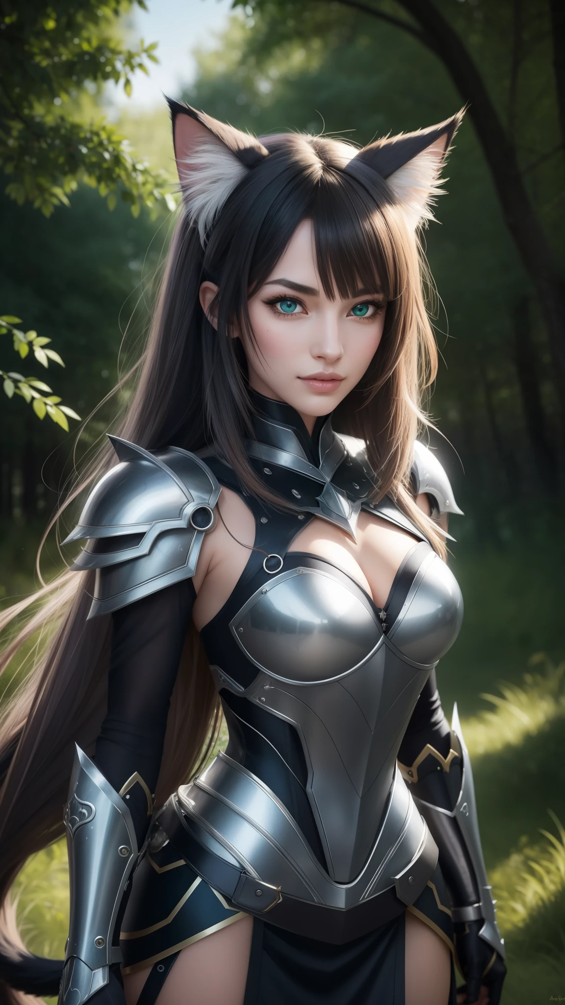 best quality,ultra-detailed,kitty girl,furry girl,beautiful detailed eyes,beautiful detailed lips,extremely detailed eyes and face,longeyelashes,soft fur,adorable nose,sharp claws,sweet expressions,playful attitude,dark and mysterious background,dynamic pose, warrior armor, full details armor dress, shiny sword, magical aura,ethereal lighting,colorful and vibrant,anime style,whiskers,cat ears,artistic backdrop,mesmerizing gaze,exquisite details,feline beauty,masterpiece,lively colors,enchanted forest,lush greenery,majestic trees, moonlit night,emerald eyes,mysterious smile,heroic silhouette,regal demeanor,ferocious protector,mythical creatures,powerful presence,stray cat survival,intense emotions,determined spirit,faithful companion, full body
