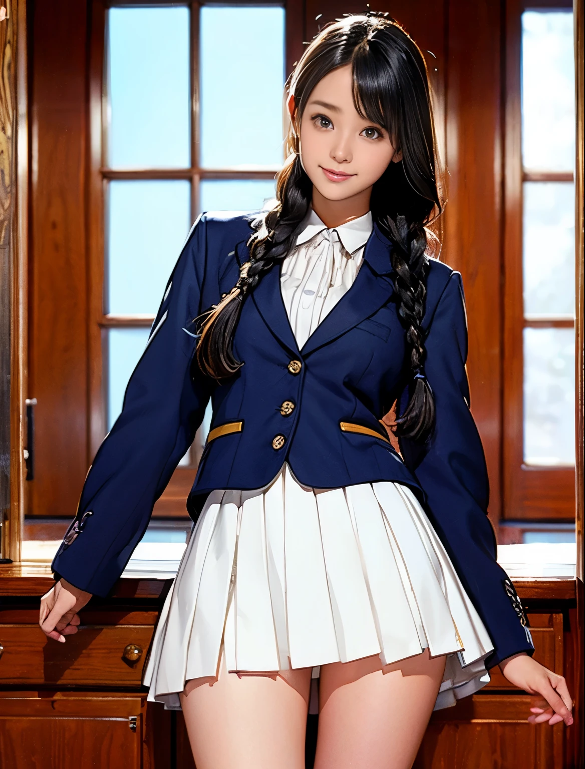ulzzang-6500-v1.1, (Raw photo:1.2), (Photorealistic:1.4), Beautiful detailed girl, Very detailed eyes and face, Beautiful detailed eyes, Ridiculous, Incredibly ridiculous, Huge file size, Ultra detailed, High resolution, Very detailed, Best quality, Masterpiece, ((One piece decorated with white frills)),illustration, Very detailed, 8k wallpaper, fantastic, fine details, masterpiece, best quality, highly detailed cg uniform 8k wallpaper, light on face, movie lighting, girl, (without panties)), (dynamic pose))), (ankle socks), (sitting), white ruffled blouse, blue ruffled skirt, bow tie, cute gravure idol woman, white blouse, blue skirt, White socks, black pumps