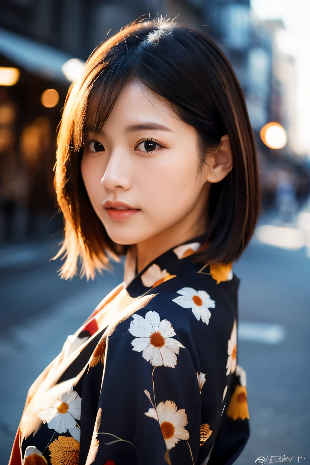 Beautiful Japanese supermodel woman, A lock of hair with slight highlights, black eyes, Sexy,street background,Gorgeous kimono , Liquid color flows across her face, Shooting against the light,Perfect facial lighting,mixed media