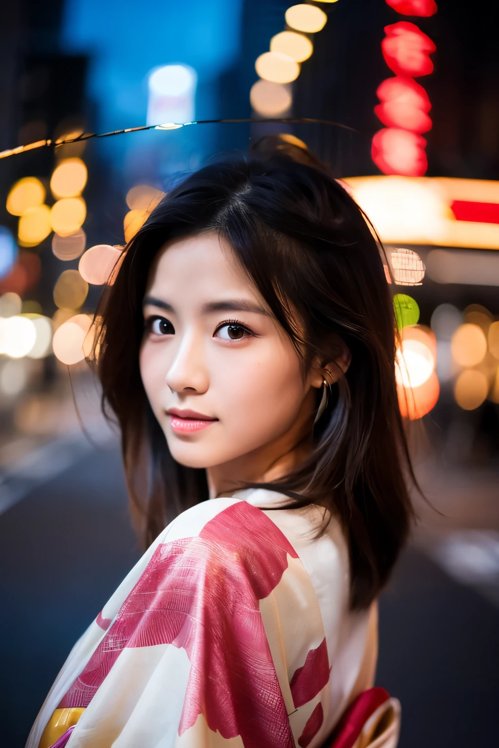 Beautiful Japanese supermodel woman, A lock of hair with slight highlights, black eyes, Sexy，street background，Gorgeous kimono , Liquid color flows across her face, Shooting against the light，Perfect facial lighting，mixed media