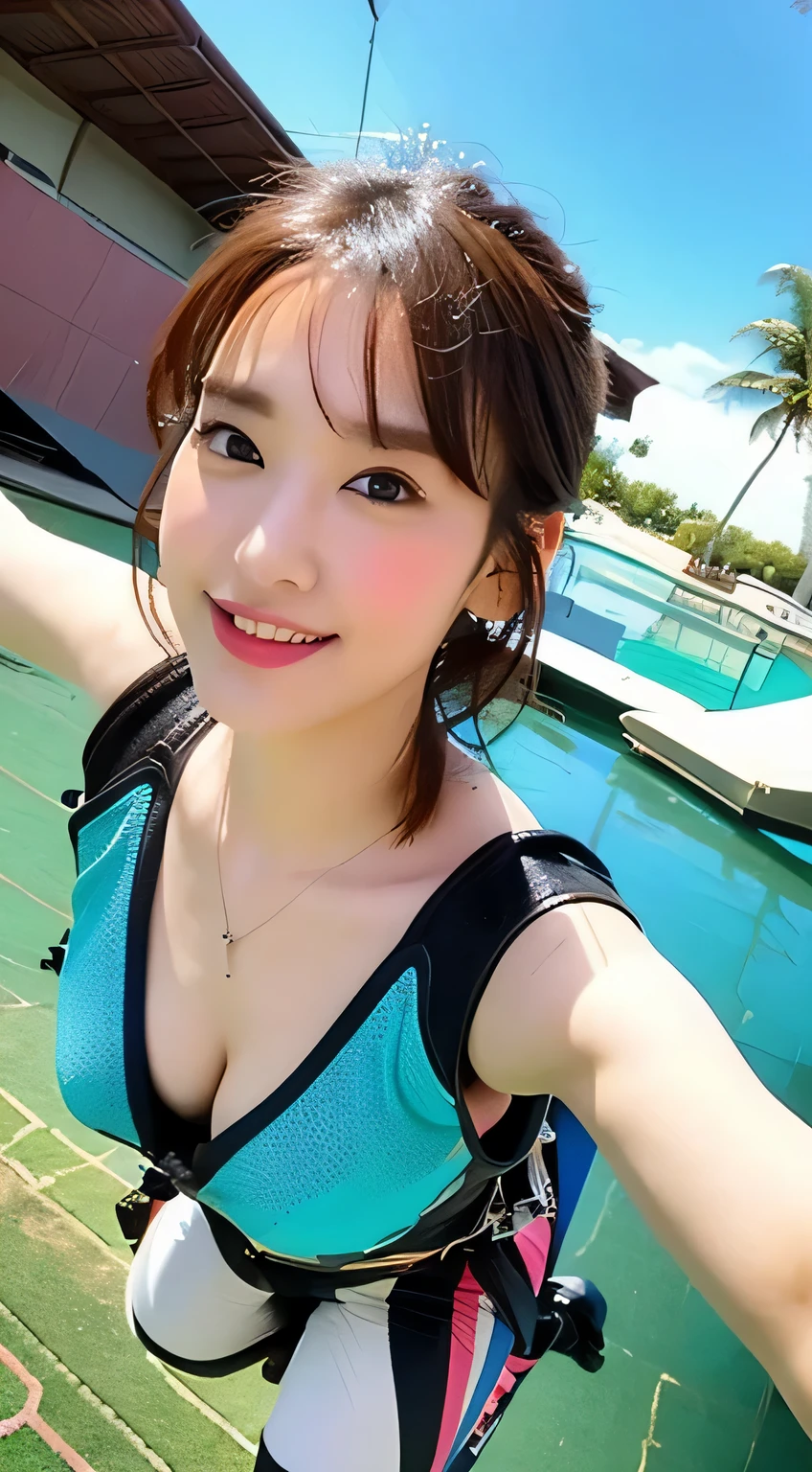 (highest quality, 4k, masterpiece :1.3),
sharp focus, shallow depth of field, Bright colors, professional level,
20-year-old, 1 person, (Half Japanese and German woman), The face of a famous Japanese actress,
Supple body :1.3, model body shape:1.5, perfect style:1.4,
narrow shoulders, beautiful clavicle, long and thin legs,
delicate body shape, The beauty of slim abs :1.2, thin waist :1.2,
super detailed skin, Fair skin, Shiny skin, super detailed face,
slim facial contour, beautiful small face, Beautiful lined nose,
super detailed eyes, long slit eyes, brown eyes, double eyelid, Beautiful thin eyebrows, fine long eyelashes,
super detailed lips, plump lips, glossy pink lips, flushed cheeks, beautiful teeth,
Beautiful actress's ennui makeup, pink lipstick,
dark brown hair, delicate soft hair,
(hair up, medium short hair, ponytail:1.2),
layer cut, (dull bangs:1.2),
(stylish looking earrings,necklace,bracelet,shiny nail art:1.2),
cute smile, open mouth half way, Enchanted expression, ((stare at the viewer)),
(((photorealism,Shoot the whole body from the thighs:1.5))), ((The body is facing sideways)),
Photographed directly from the front, dynamic lighting,
(Dress up in a tight green polka dot dress:1.2),
((She is lying naked in a beautiful position:1.5)),
The areola of the breast is beautiful:1.2,
(perfect breast shape, rich breasts:1.2),
It is a small pale pink areola.,
(She has a cute plump butt, My thighs are dazzling),
((Beautiful sea at a tropical resort, sky diving:1.4)),