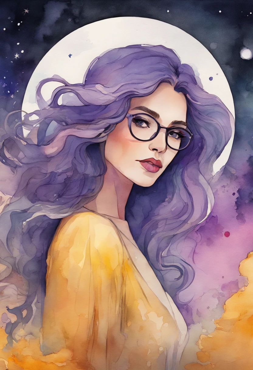 Partial front view of the scene; details in 8k; precision in details; Pablo Picasso style drawing. Wood splash; high color contrast; Abstract artistic drawing textured background of a brunette woman with long, wavy hair wearing square glasses, woman smiling with red lipstick, face more toned and rounded and with slight dimples near the mouth, wearing a black coat with a yellow t-shirt underneath looking at the right, lilac white colors in the environment, illustration, watercolor illustration, professional illustrator, best watercolor, ink and watercolor paintings, alcohol ink, vibrant colors, perspective view, centered, perspective lines,