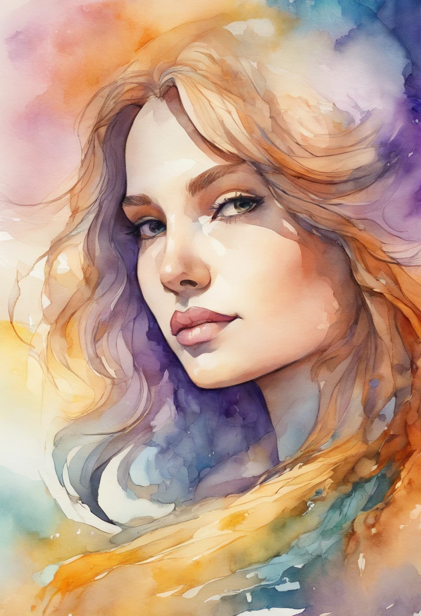Partial front view of the scene; details in 8k; precision in details; Pablo Picasso style drawing. Wood splash; high color contrast; Abstract artistic drawing textured background of a brunette woman with long, wavy hair wearing square glasses, woman smiling with red lipstick, face more toned and rounded and with slight dimples near the mouth, wearing a black coat with a yellow t-shirt underneath looking at the right, lilac white colors in the environment, illustration, watercolor illustration, professional illustrator, best watercolor, ink and watercolor paintings, alcohol ink, vibrant colors, perspective view, centered, perspective lines,