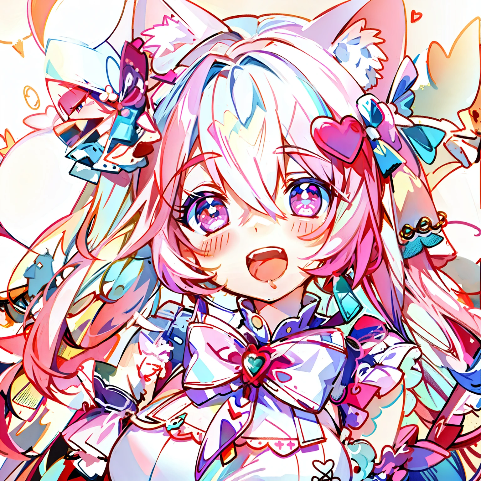 Masterpiece,Best quality, White background, (10:1girll), (10:One guy), Very long hair, White and pink hair , Love decoration , Multiple cyan and pink bows, White and pink pair of cat ears , Cyan eyes , Look straight ahead , love heart , Pink bow tie , White clothes , 5:Open mouth, 5:teeth