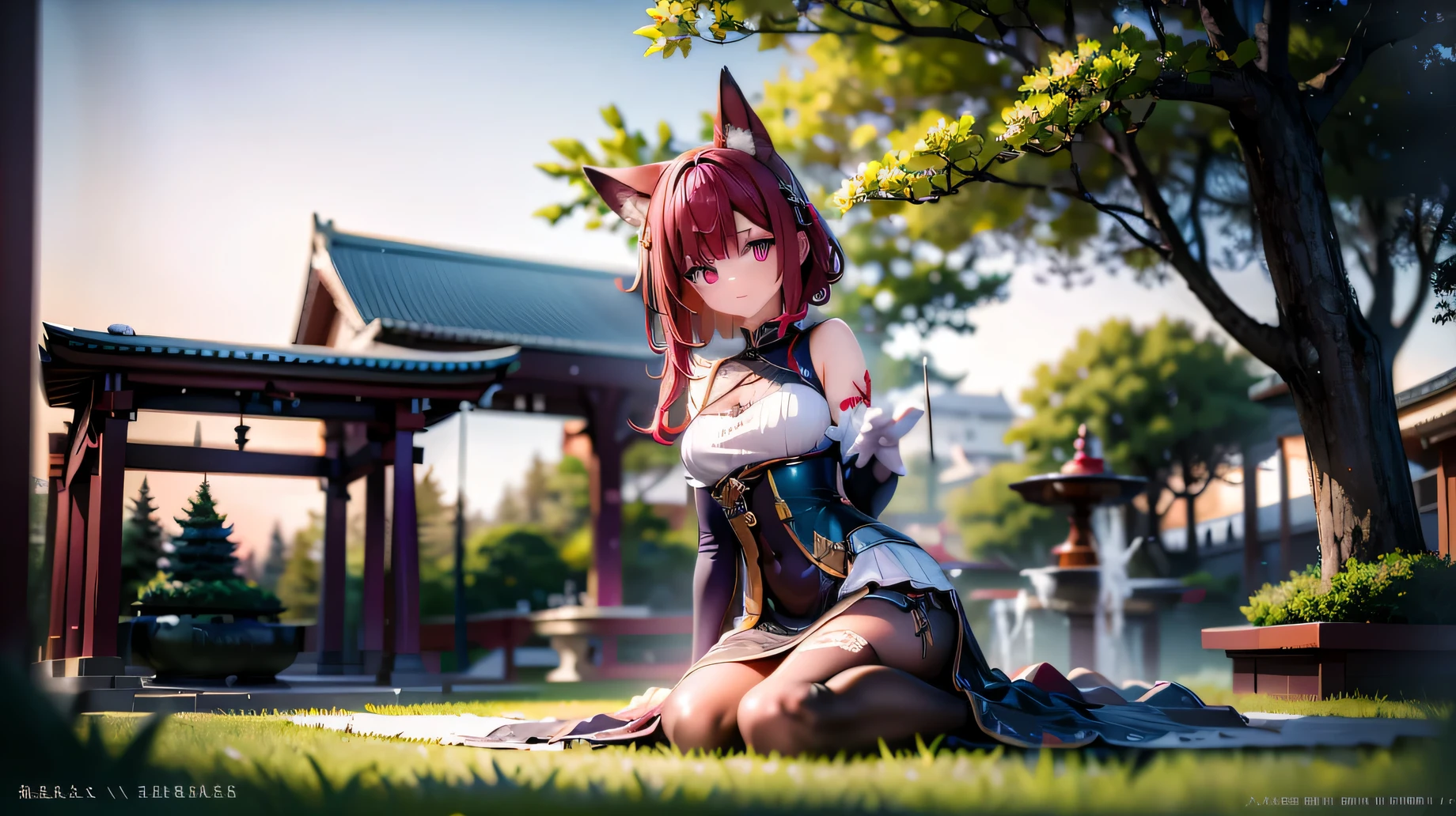 (masterpiece), highest quality, High resolution, very detailed, detailed background, perfect lighting, outside, 1 girl, Cherry tree in full bloom、light brown hair、bright red eyes、Small fox earimi is facing forward、Dark blue and white maid outfit、
