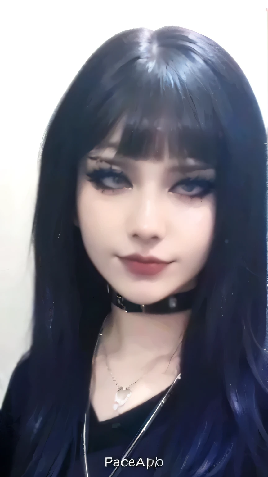 um close de uma mulher com longos cabelos pretos e um estrangulamento, 1 7 - year - old goth girl, goth girl, 1 7 - year - old anime goth girl, goth girl aesthetic, pale gothic beauty, portrait of a gothic catgirl, com cabelos longos e olhos penetrantes, wearing gothic makeup, gothic aesthetic, cabelo preto e olhos grandes, gothic face