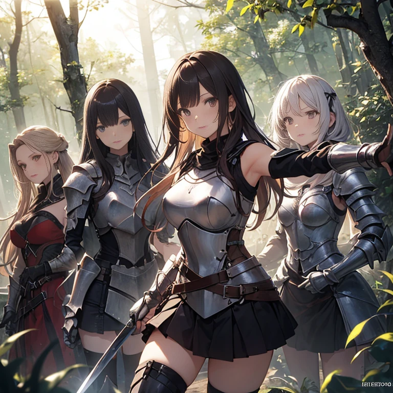 A group of female knight, (in forest), various hair styles, harem, wearing armored clothes, metal armor, night, details face, , short skirt, seducing, sword, showing armpits, sleeveless