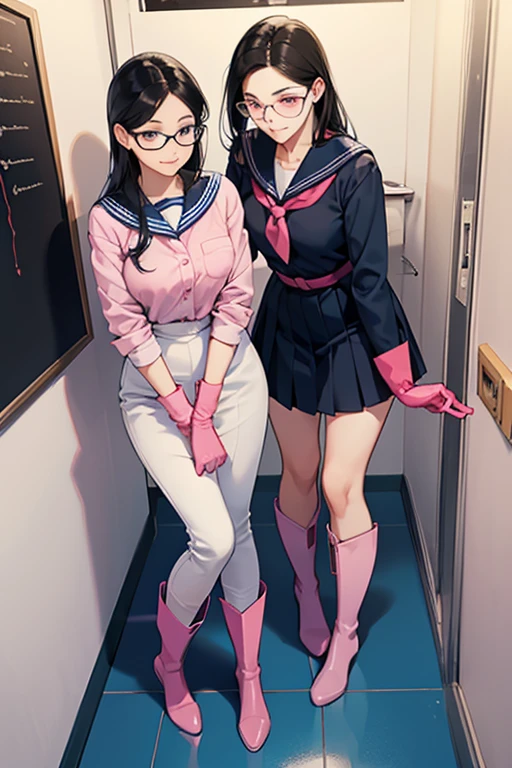 A pair of freckled, glasses-wearing high school girls with narrow eyes and black hair tied up in long-sleeved navy blue sailor uniforms, wearing oversized pink rubber gloves and white rubber boots, smiling as they clean the school toilets