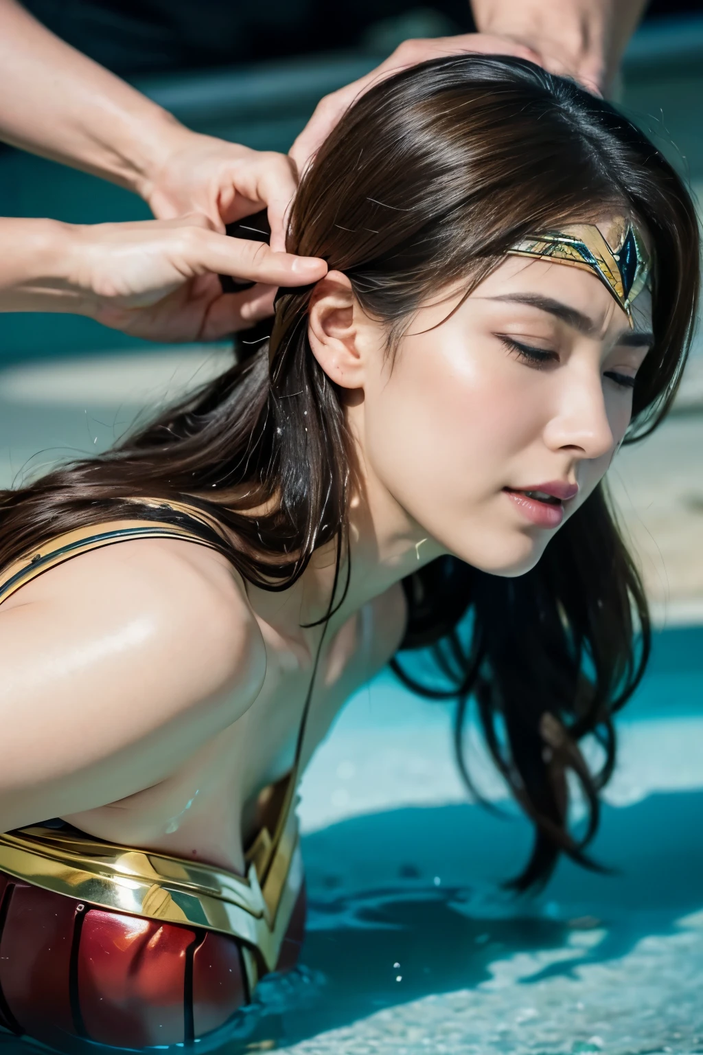 perfect wonder woman costume,crawl on all fours,inside the pool,Inside the fountain,Soaked in water,Soaking wet wonder woman,sleeping face,Close ~ eyes,open your mouth,tired face,face of suffering,sleeping face,soaking wet hair,soaking wet hair,wet body,fight the men,surrounded by men,,caught between men,being tackled by men,Intertwining with men, Attacked by men,assaulted by men,Being bullied by guys,being sexually abused by a man,Captured by a man,Being detained by a man、touch your face,、Hair is pulled hard,My head is grabbed,licked my hair,lick my face,brown hair,  masterpiece、beautiful girl、fine 目、puffy eyes、highest quality, 超High resolution, (reality: 1.4), movie lighting,super beautiful、beautiful skin、(超reality的な)、(High resolution)、(8K)、(very detailed)、(beautiful and fine 目)、(Super detailed)、 detailed face、slanted bangeshi hair、brown hair、20-year-old、Wonder Woman Cosplay，wonder woman tiara