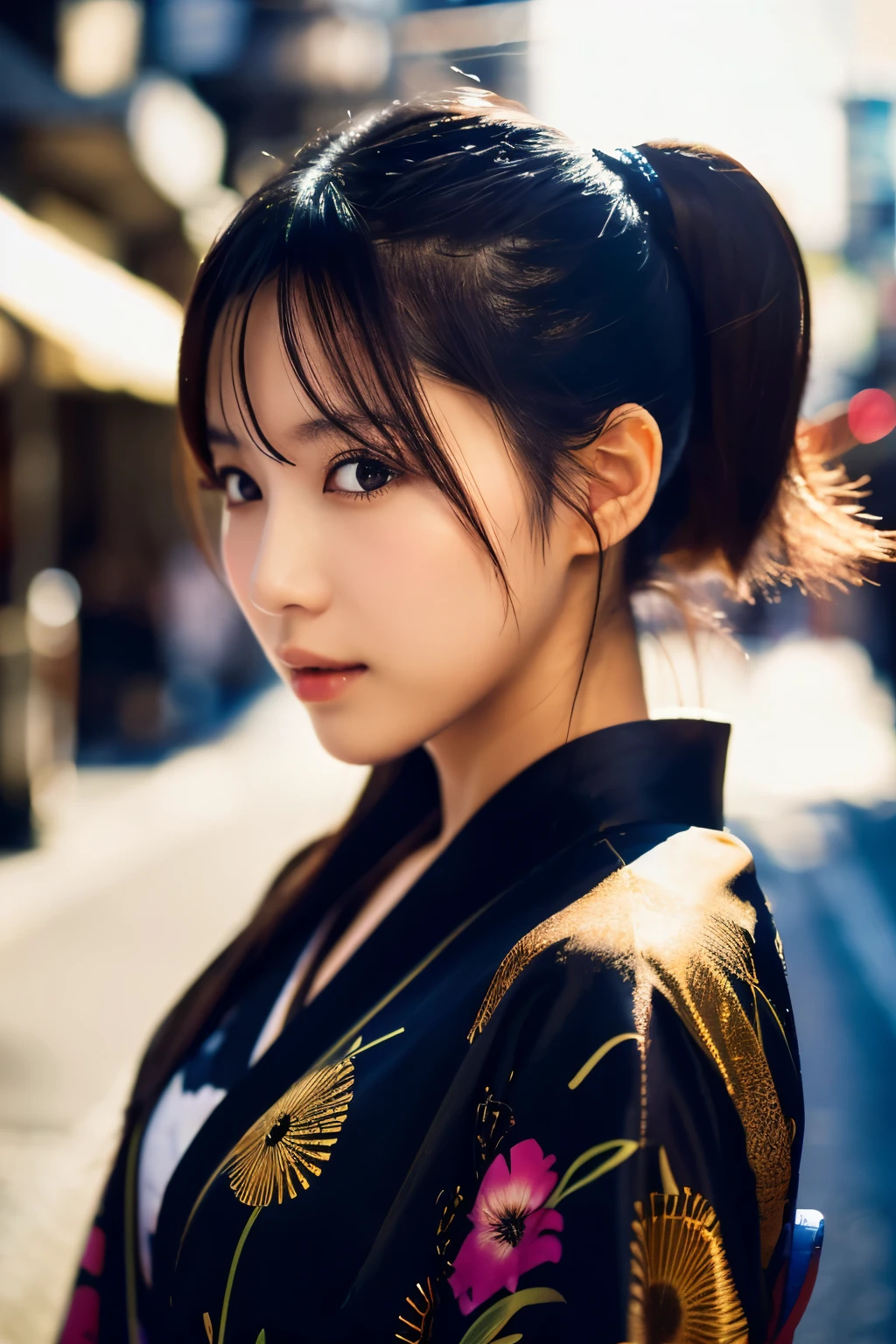 Beautiful Japanese supermodel woman, A lock of hair with slight highlights, black eyes, Sexy,street background,Gorgeous kimono , Liquid color flows across her face, Shooting against the light,Perfect facial lighting,mixed media