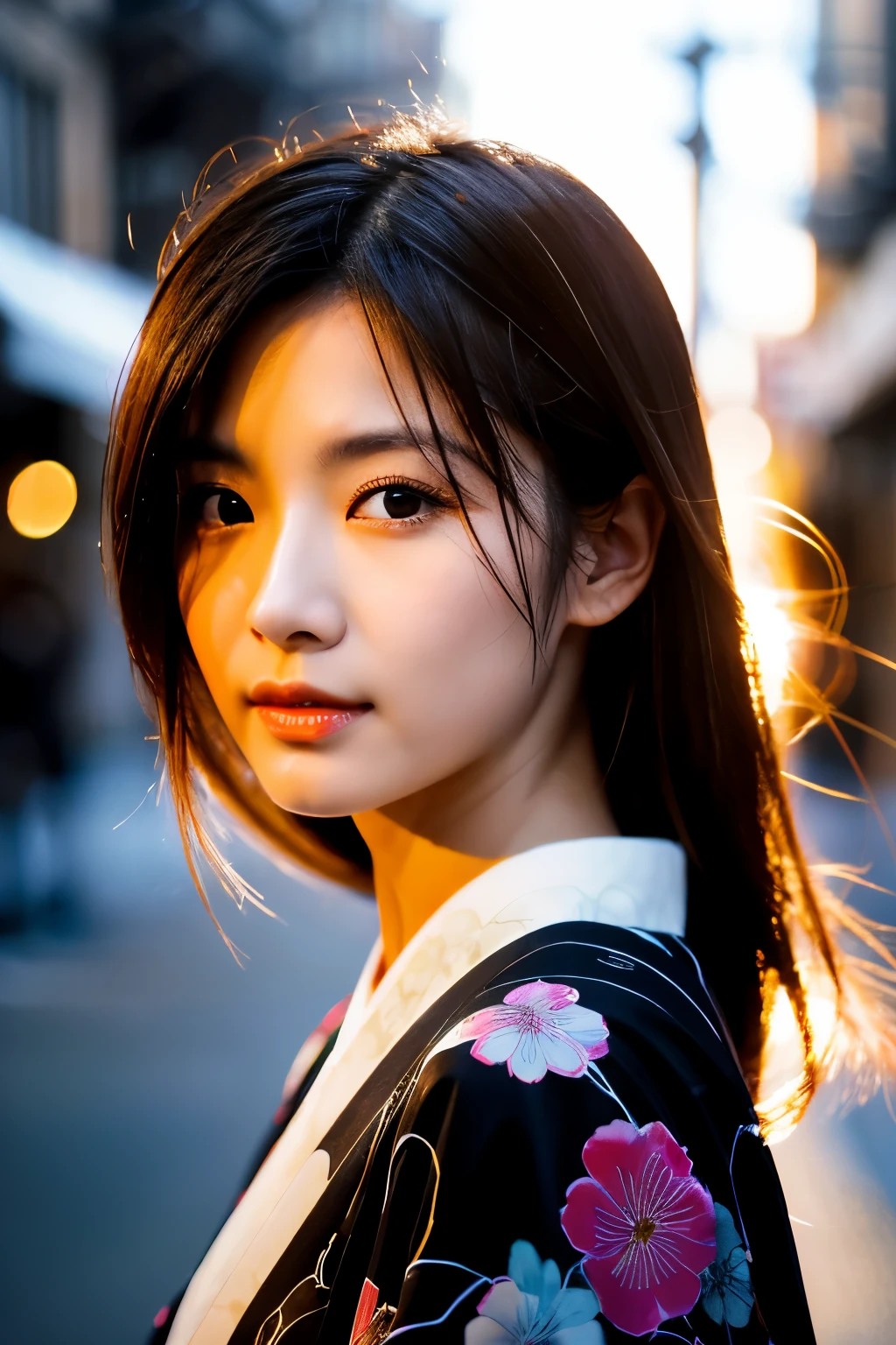 Beautiful Japanese supermodel woman, A lock of hair with slight highlights, black eyes, Sexy，street background，Gorgeous kimono , Liquid color flows across her face, Shooting against the light，Perfect facial lighting，mixed media