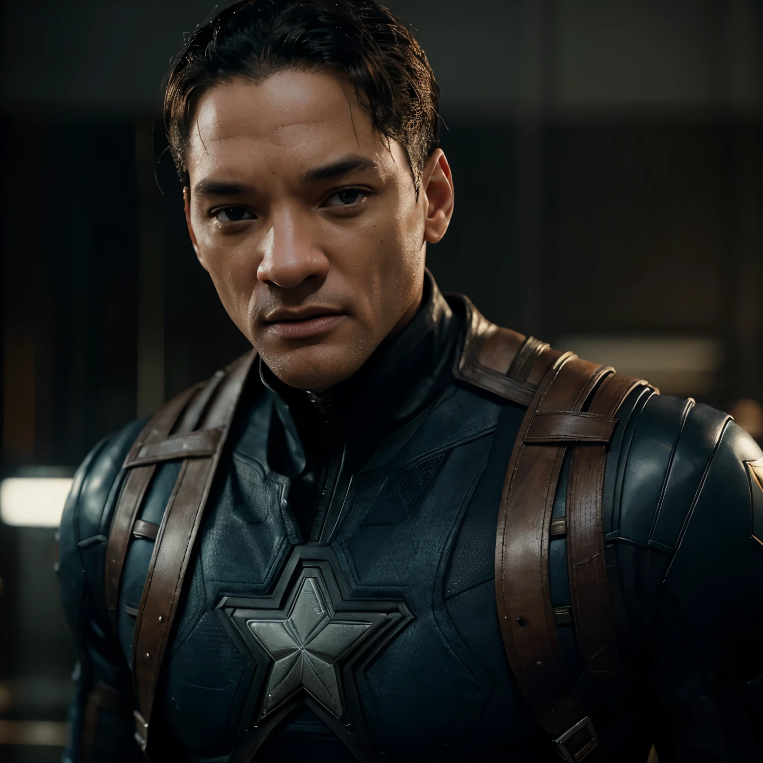 . Tarantino style Will Smith as Captain America 8k, high definition, detailed face, detailed face, detailed eyes, detailed suit, in style of marvel and dc, hyper-realistic, + cinematic shot + dynamic composition, incredibly detailed, sharpen, details + superb details + evening with light + perfectionism + award winning realism ((moody lighting))