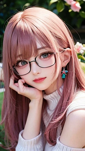 幼いgirl、small face、 (alone:1.5,)Super detailed,明るいcolor, very beautiful detailed anime face and eyes, look straight,  shiny_skin,girl, (((カラフルなcolor合いの髪,, 半分は白colorの髪、half pink hair: 1.5))), 、shiny hair, delicate beautiful face, blush、Glasses、(turquoise eyes), , Valletta, earrings,、turtleneck、flower garden、Sitting among flowers、smile、happy face、face dyed red、color々pose、Head to toe full body portrait、（I can see the whole body）