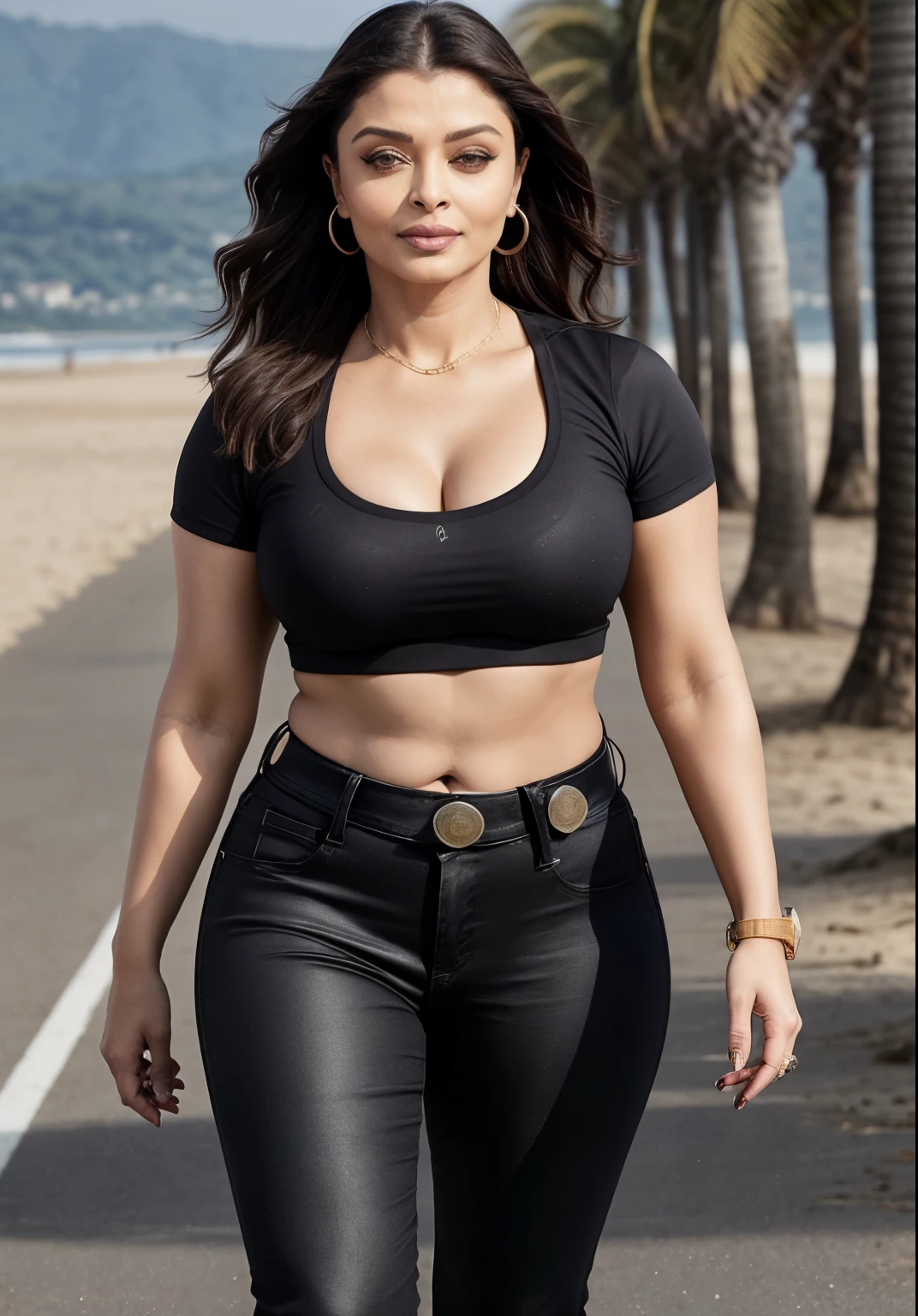 49 yo mature MILF Aishwarya Rai as police officer, black tight jeans, tight crop top, high heels, ponytail hair, bright sunny day scene, athletic curvaceous milf body, walking in beach, hourglass milf figure, perfect breasts, seductive expression on her face, look at a camera and wink one eye, soft volumetric lights, intricate details, (ArtStation:1.2)
